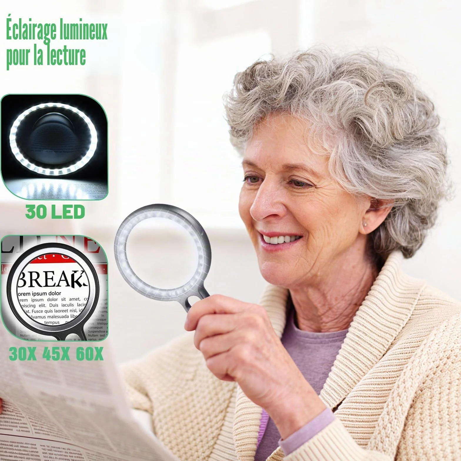 Loupe de Lecture 30X 45X 60X avec 30 Lumières LED, 2 Modes d'Éclairage pour Seniors, Malvoyant