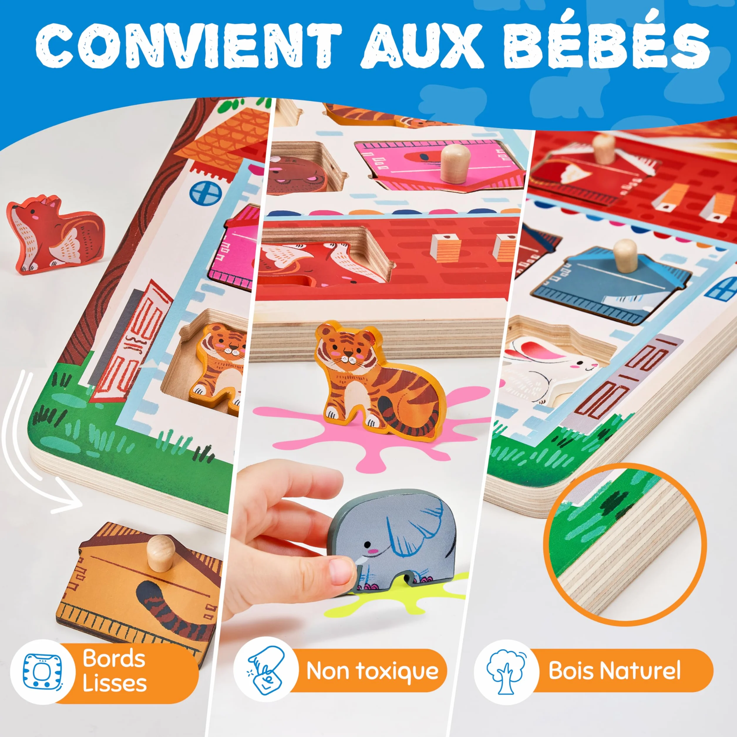 JoyCat Puzzle Bois Enfant 1 An Montessori Jouet Éducatif Animaux 7 Pièces Cadeau Anniversaire