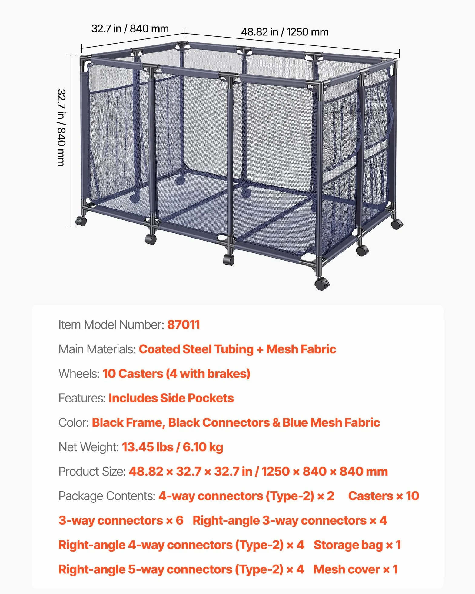 VEVOR Panier Rangement Flotteurs Piscine 125x84x84 cm Bac Stockage Bouées Maille avec Roulettes Poches Latérales Cadre Métal
