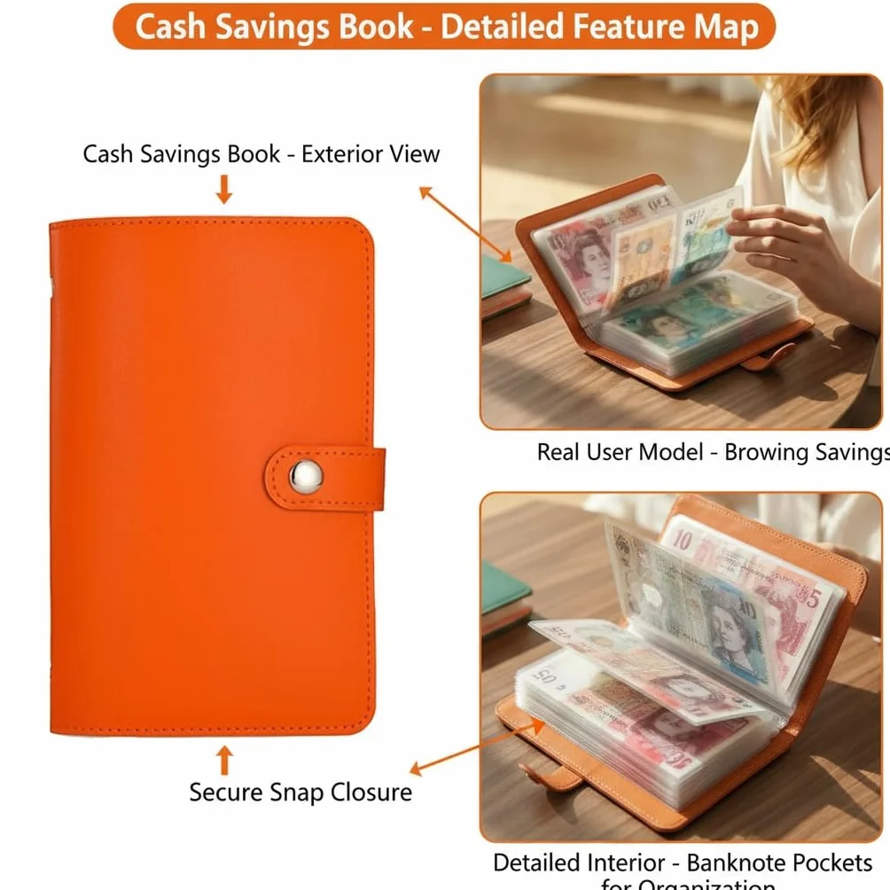 Lot de 100 enveloppes pour défi d'économie d'argent, carnet A5 utilisable des deux côtés, classeur avec boucle magnétique (orange)