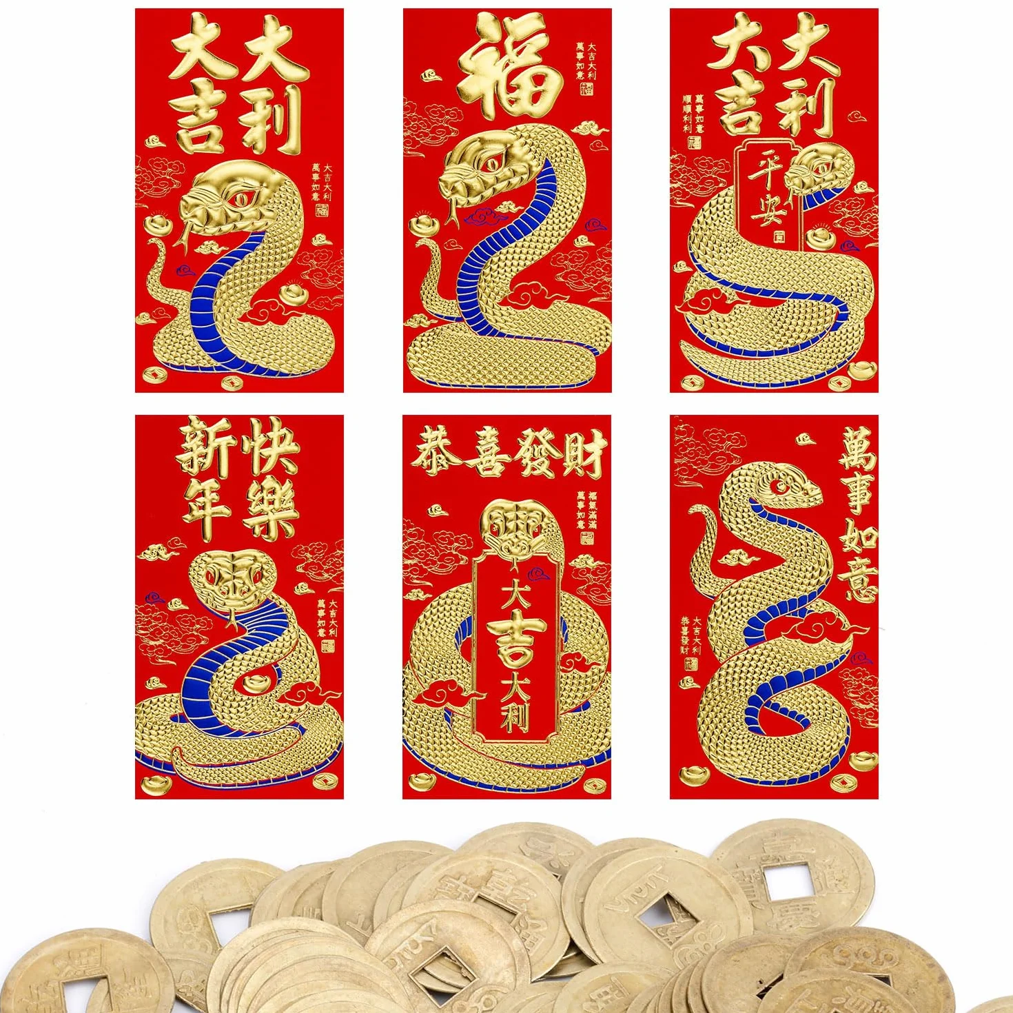 Enveloppes Rouges du Nouvel An Chinois 2025 Serpent Hong Bao 16,8x9cm 36pcs avec 50pcs Monnaie Feng Shui 6 Motifs Relief Dorés