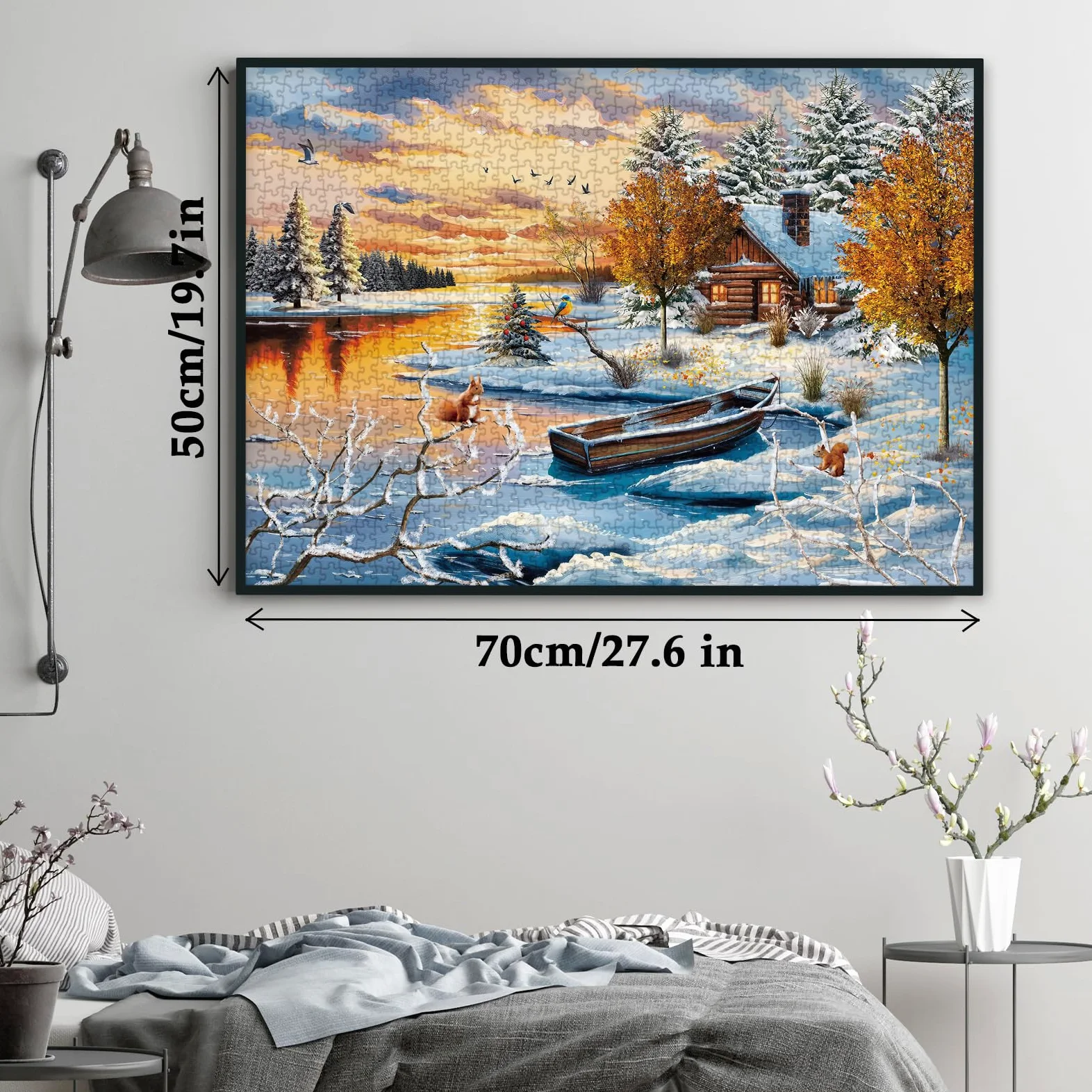 Puzzle paysage naturel d'hiver pour adultes 1000 pièces, joli coucher de soleil sur le lac maison arbre puzzles, puzzle enneigé scénique cabane rivière animal