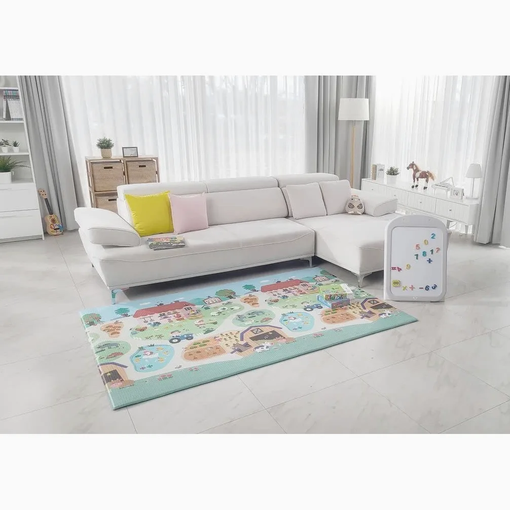 Dwinguler Tapis de jeu pour bébé - Motif maison de ferme - Large 230 cm x 140 cm x 15 mm - Réversible, doux, sans substances nocives, imperméable, antidérapant, certifié CE