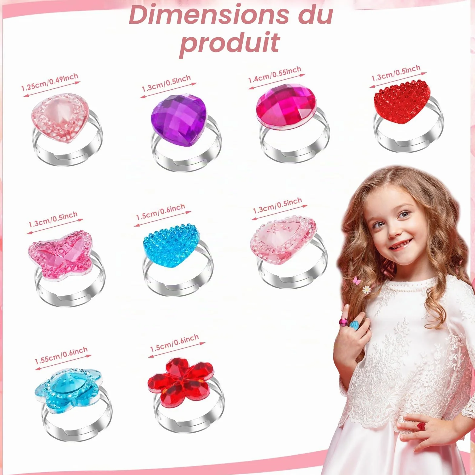 ASTER Lot de 9 bagues réglables pour fille avec cristaux métal fer pierre précieuse acrylique résine