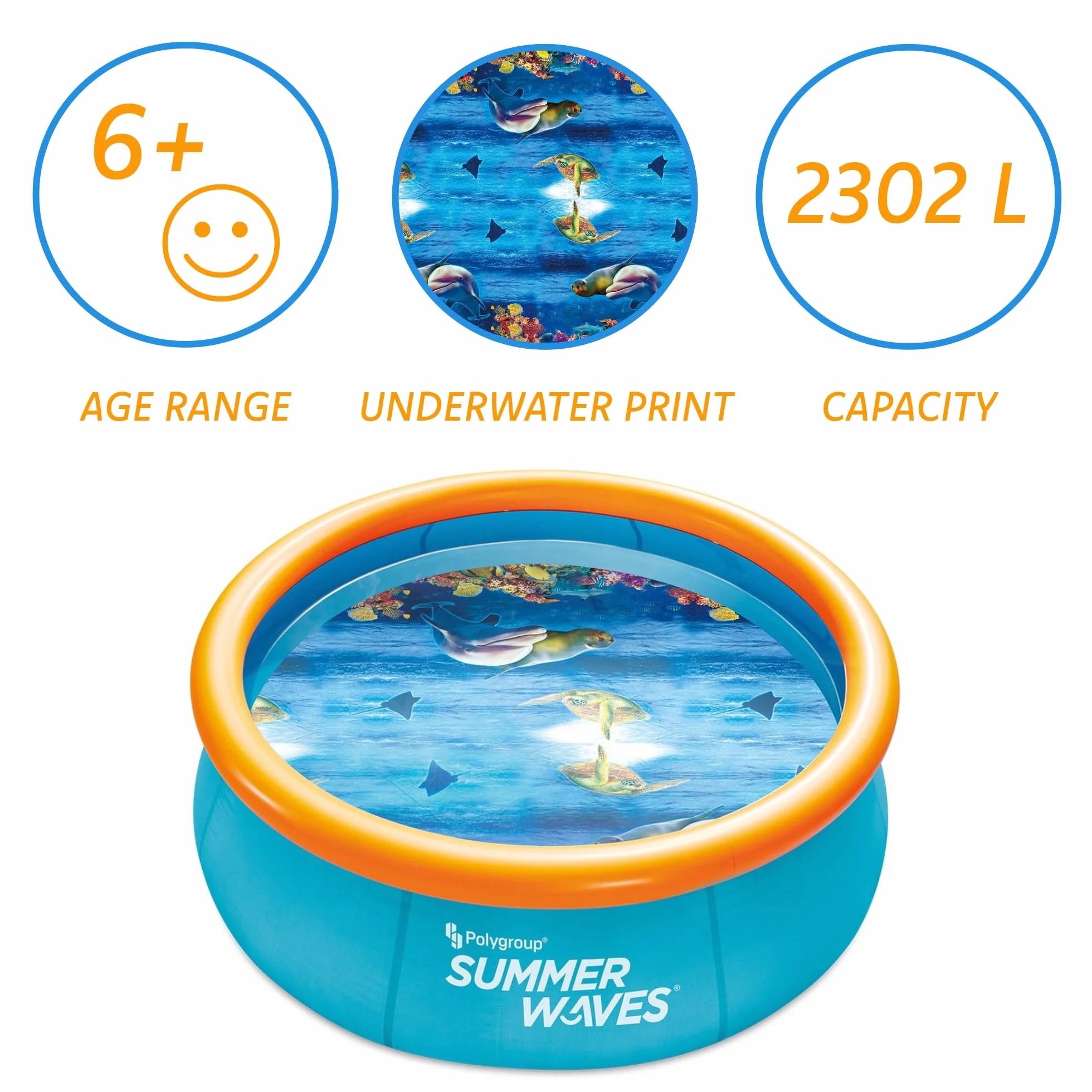 Summer Waves Piscine Familiale Gonflable Ronde 3D, 2,44 M x 76 CM, Comprend 2 Lunettes de Natation, 2302 L, Orange, PVC, Enfant