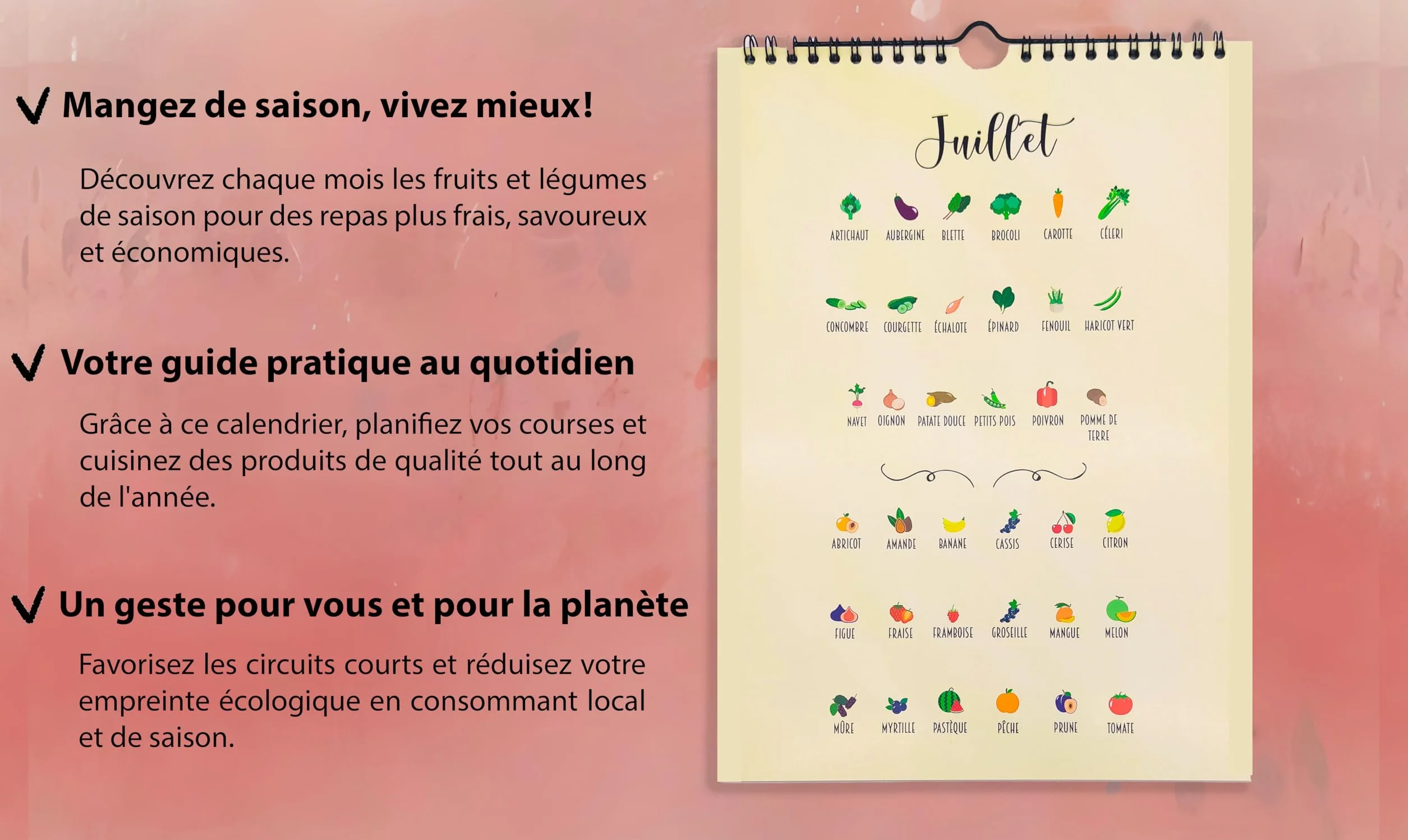 Calendrier perpétuel Fruits et Légumes de saison | Livre de cuisine A4 21 x 29,7 cm