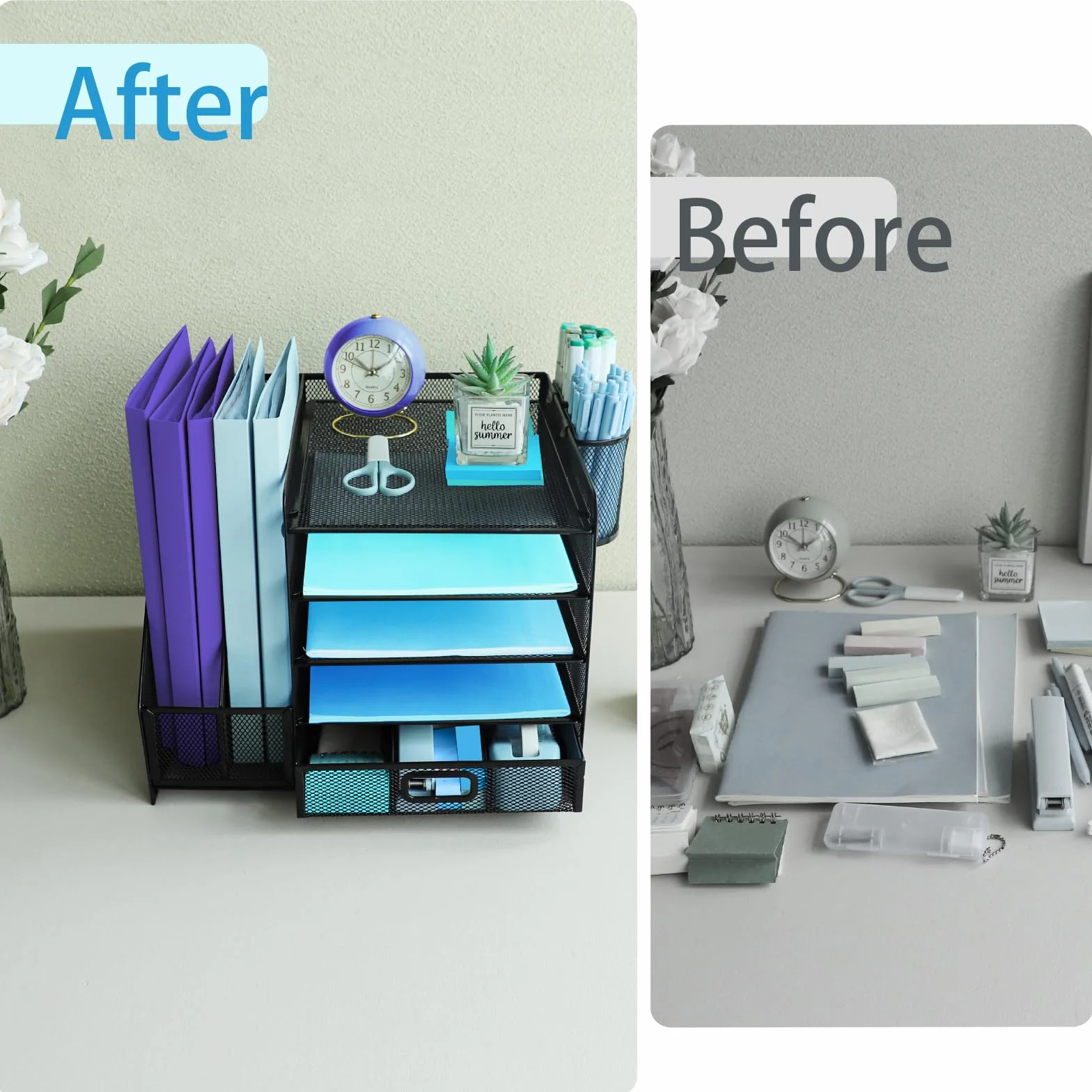 Organisateur de bureau noir avec porte-documents, porte-stylos et bac à lettres 5 niveaux