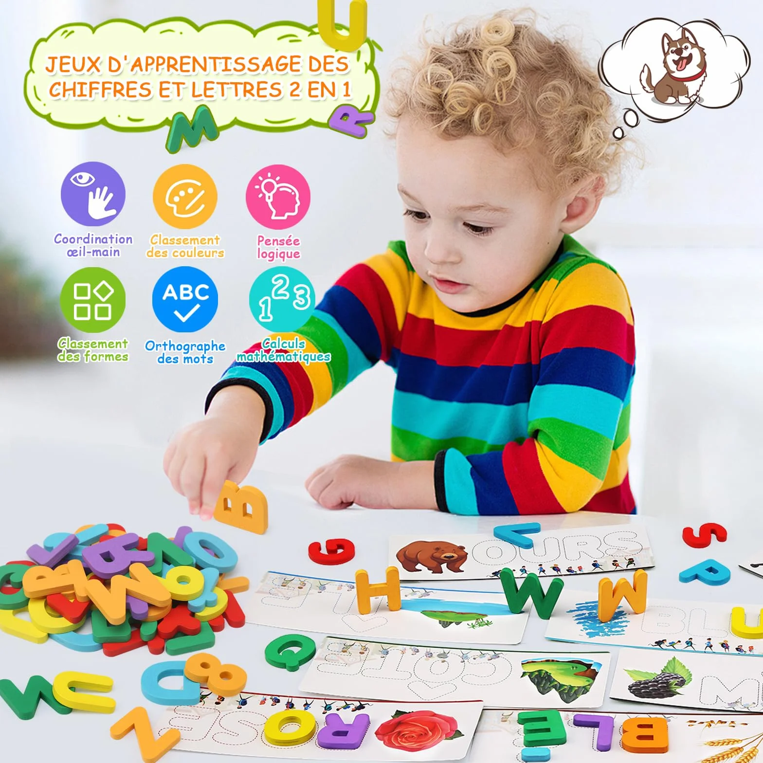 Felly Jouet Enfant 2-5 Ans, Jeux Educatif d'Orthographe Française, 2 en 1 Montessori Apprenez à Lire Lettres et Arithmétique