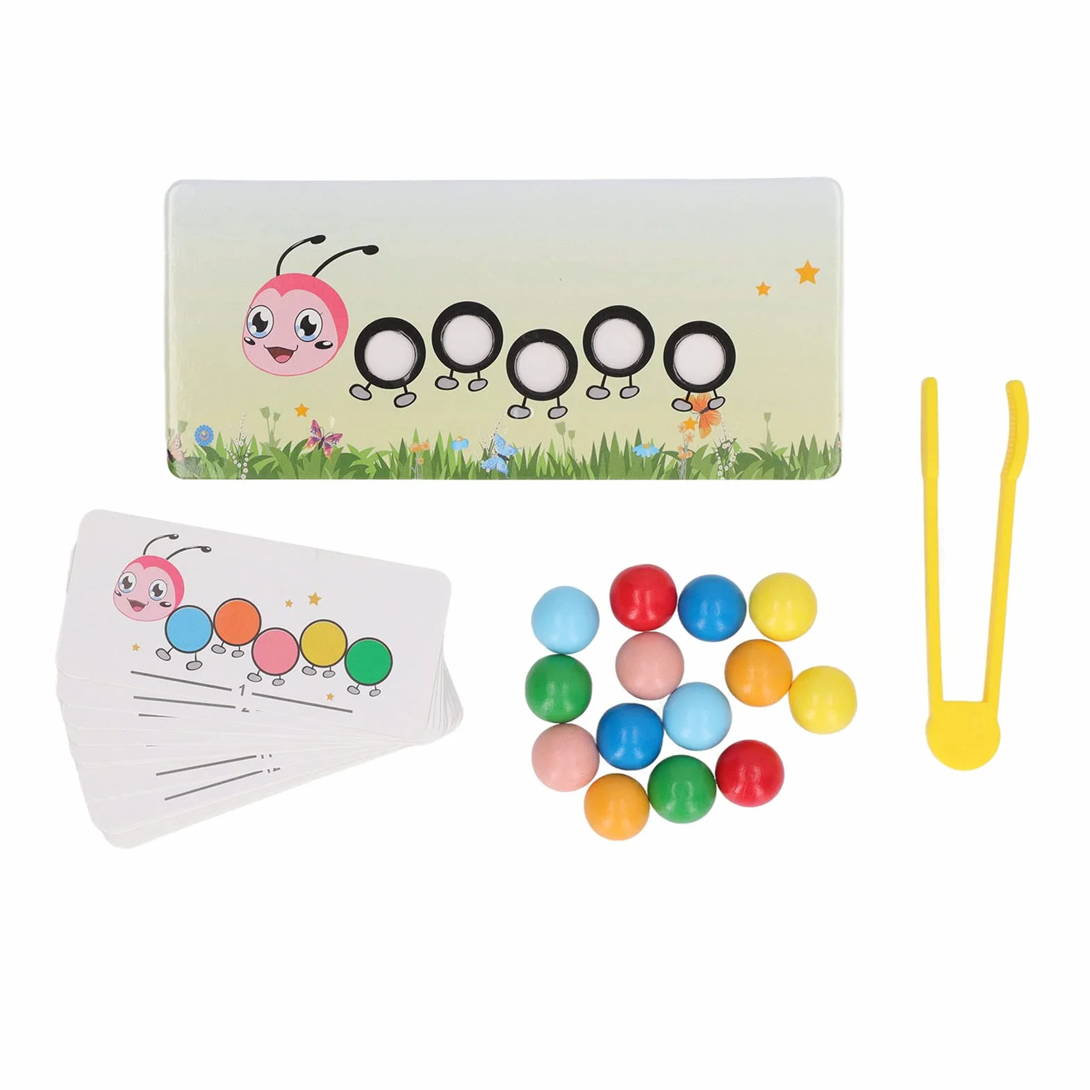 Jouet de Perles à Clip de Chenille en Bois, Exercice de Coordination œil-Main, tri des Couleurs avec Cartes de Pratique et boîte de Rangement pour Enfants
