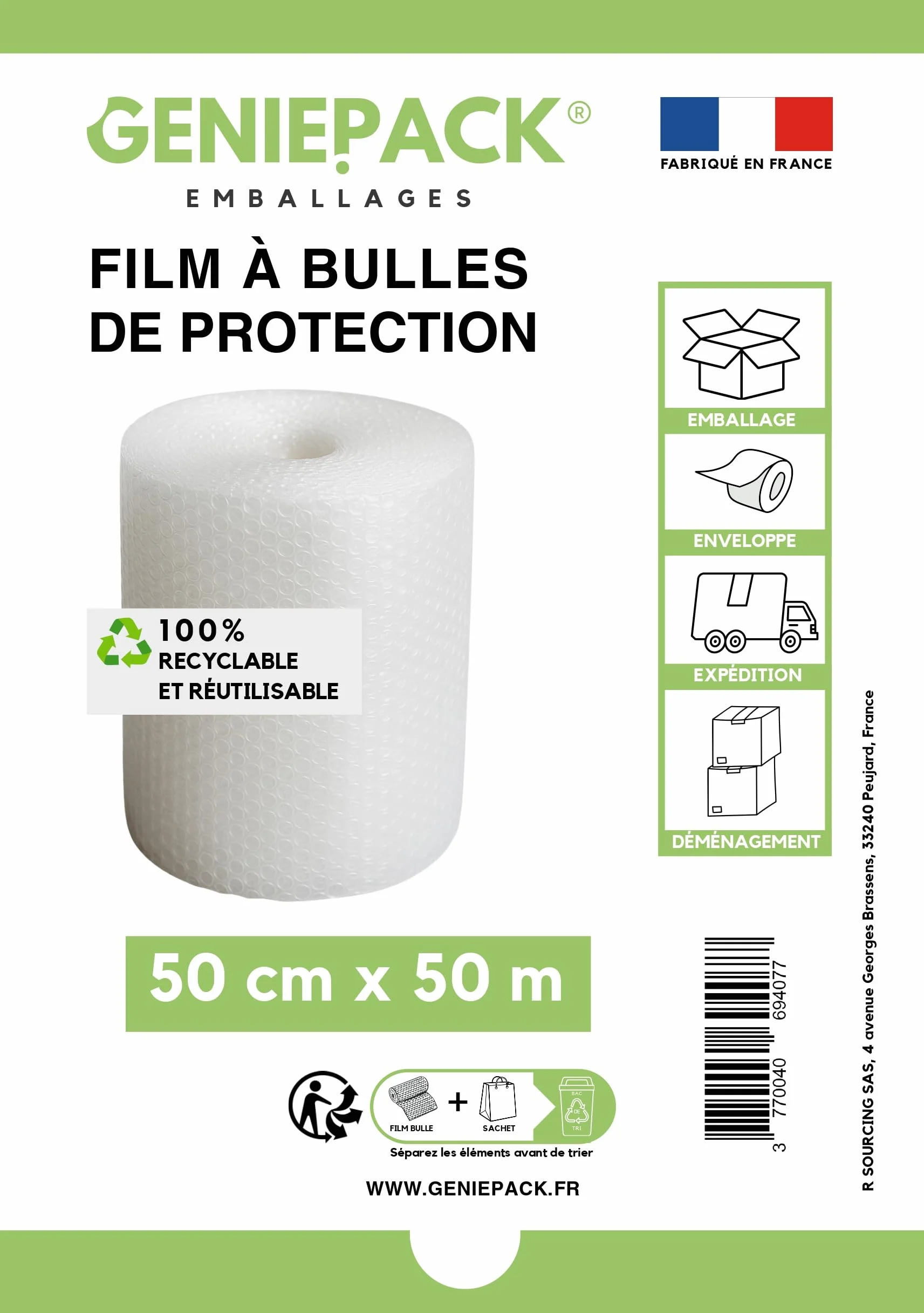 Film À Bulles Professionnel 50 cm x 50 m 60 Microns Bulles 10mm Protection Emballage Colis Déménagement Antichoc