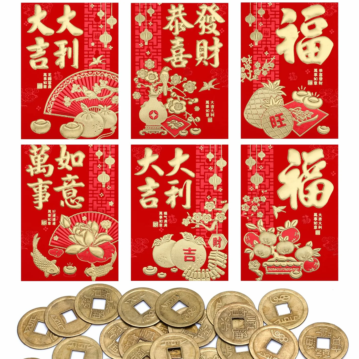 Hong Bao Enveloppes Rouges Nouvel An Chinois 11,5x8cm 36pcs Monnaie Cuivre 50pcs Feng Shui