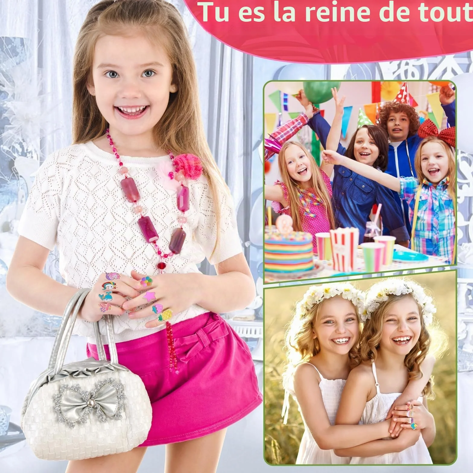 Bagues Enfant Fille Réglables en Métal Coloré, Dessin animé Motifs Aléatoires, Cadeau 4-12 Ans, Boîte Cœur Rose