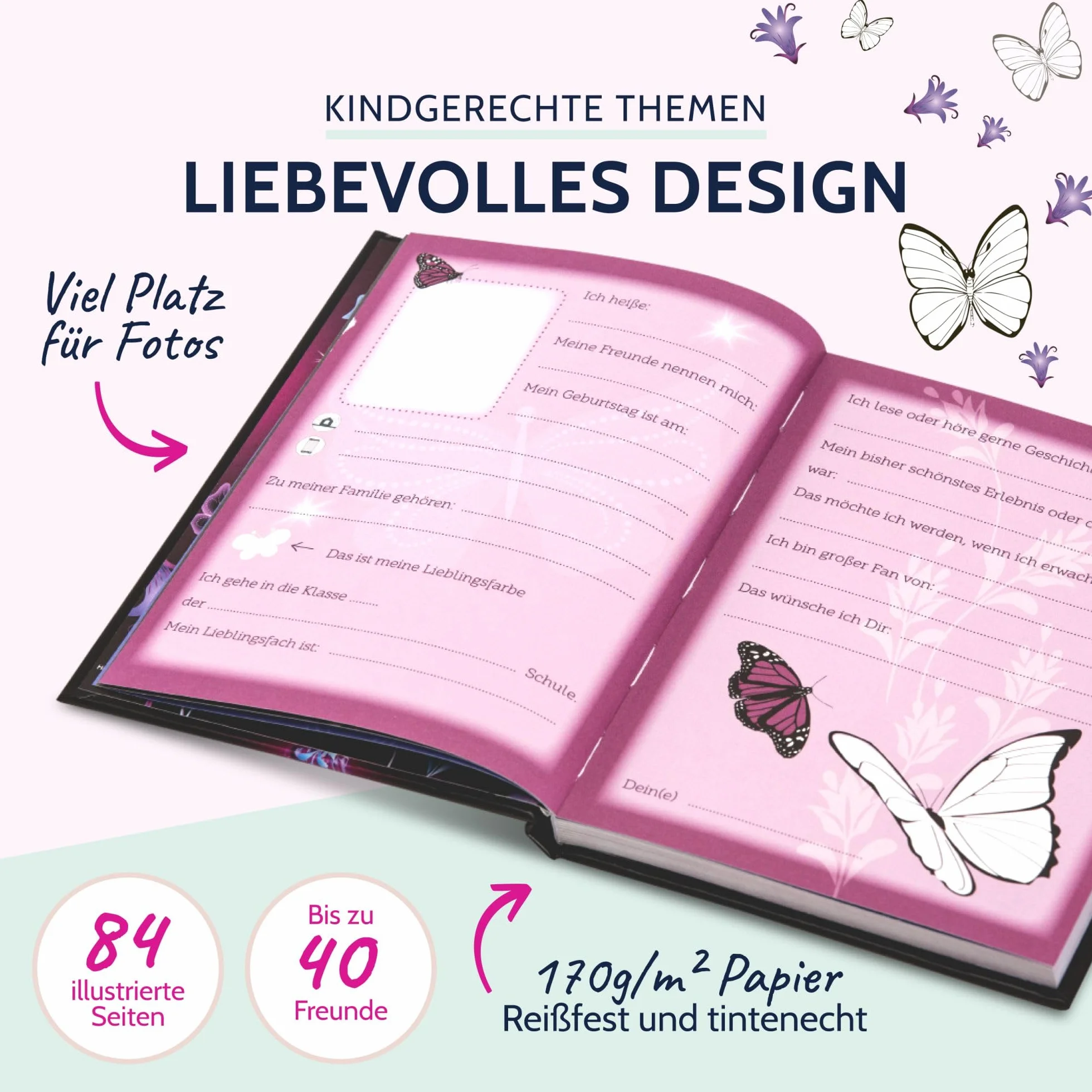 Goldbuch Livre d'amitié A5 88 pages Motif papillon Noir/rose/bleu