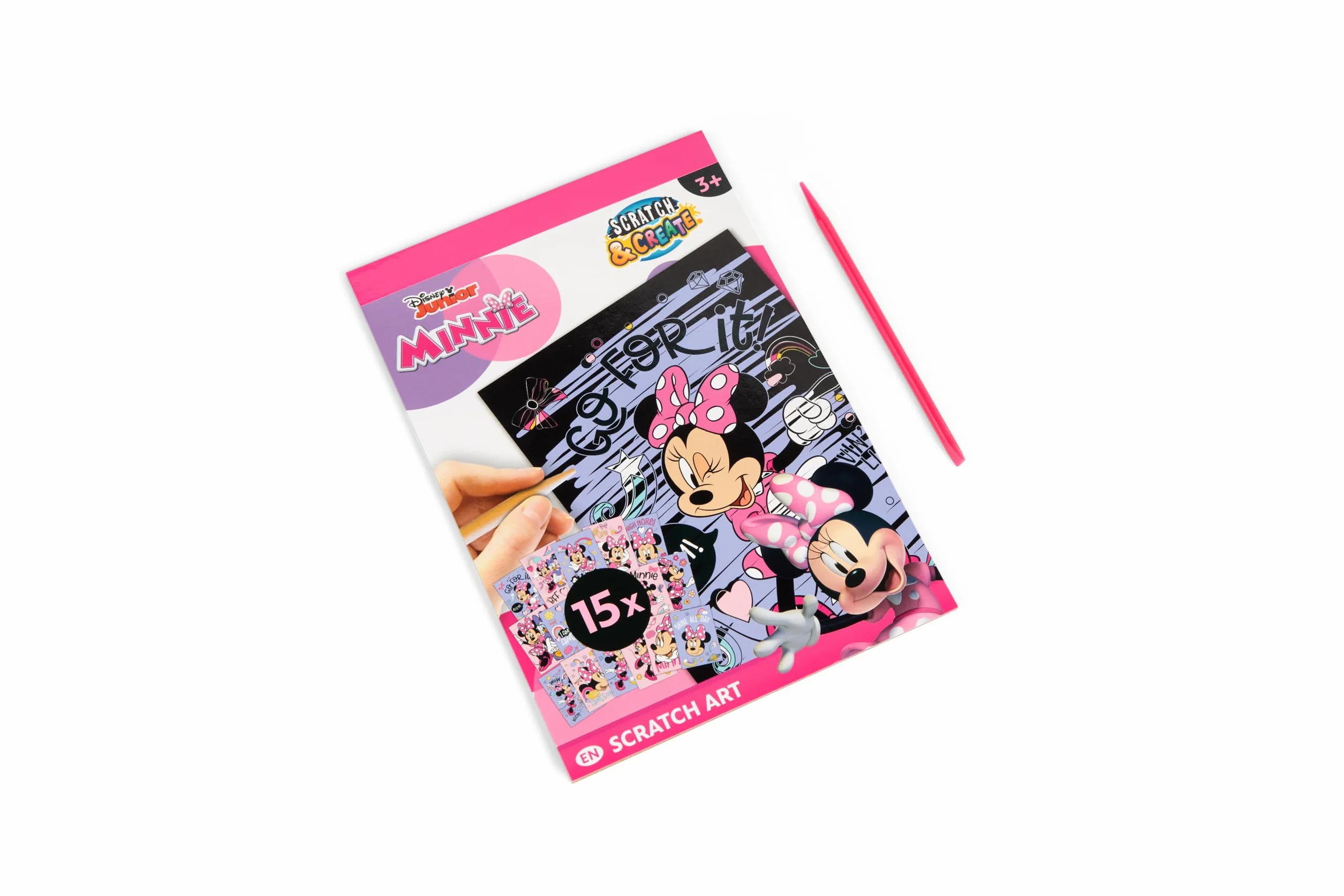 Disney Minnie Mouse Livre d'images à gratter A5 pour enfants avec stylo en bois et 15 motifs arc-en-ciel