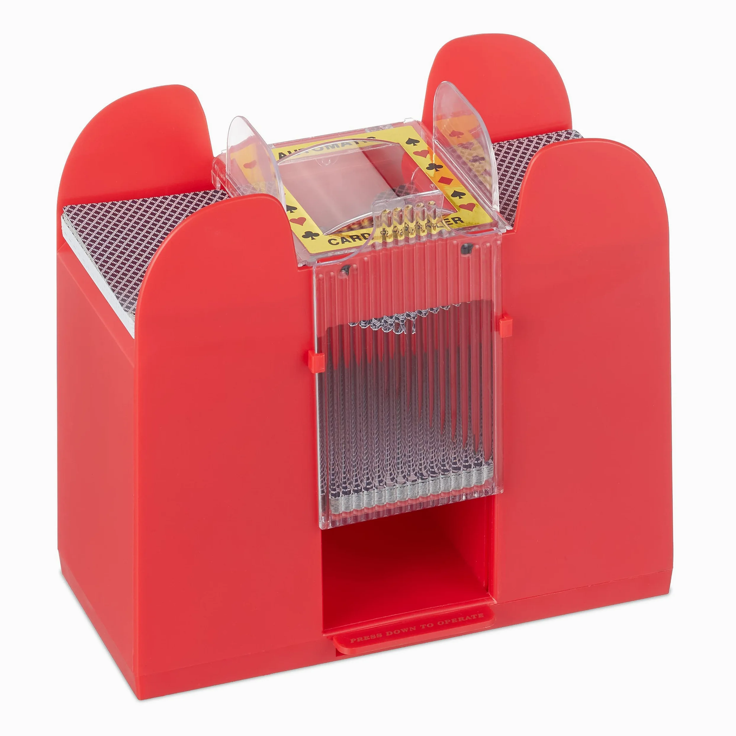 Relaxdays Mélangeur de Cartes, 6 Jeux, Automatique, Cartes jusqu'à 91 mm, Appareil à mélanger Carte, Plastique, Rouge