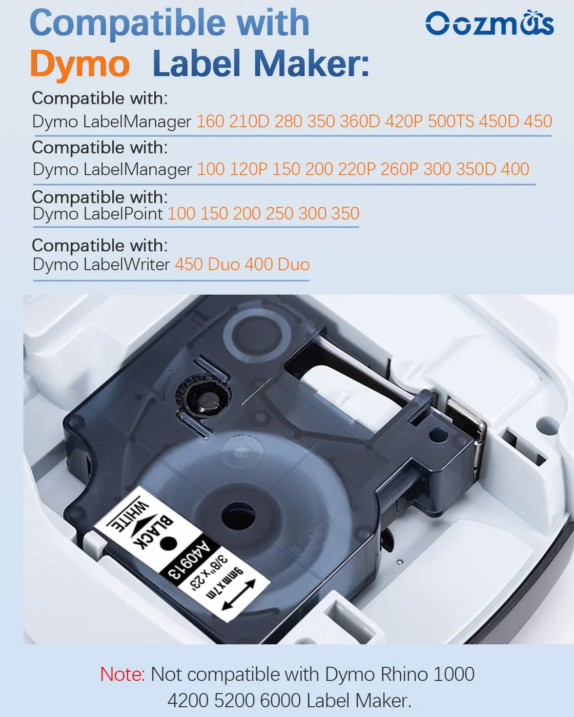 Dymo Ruban 9mm D1 40913 Noir sur Blanc Compatible LabelManager LM160 LM210D LM260P LM280 LM360D LM420P, Pack de 5
