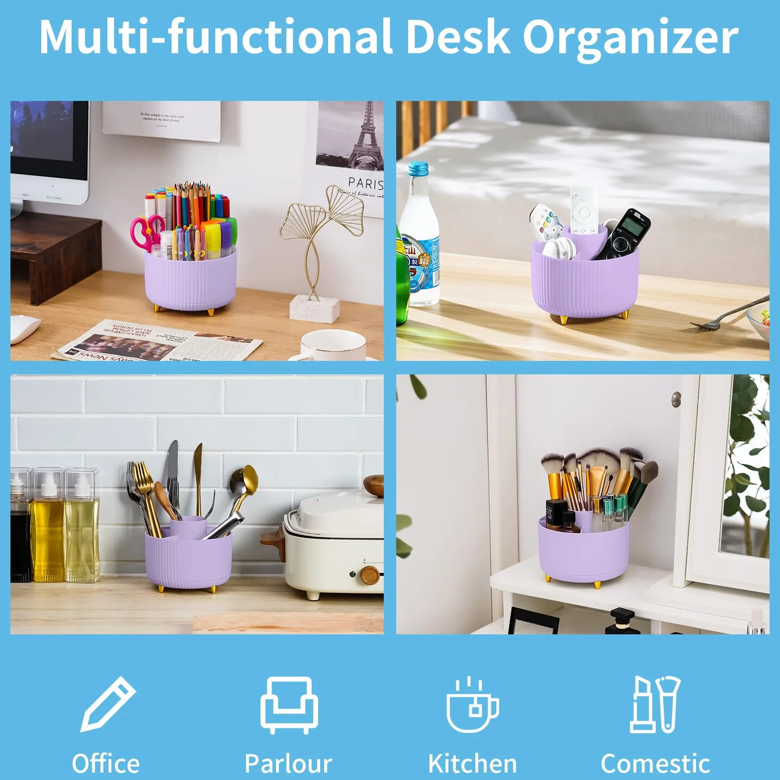 Marbrasse Organisateur de Bureau Rotatif 360 Degrés 5 Compartiments Porte-Crayons Rangement Violet