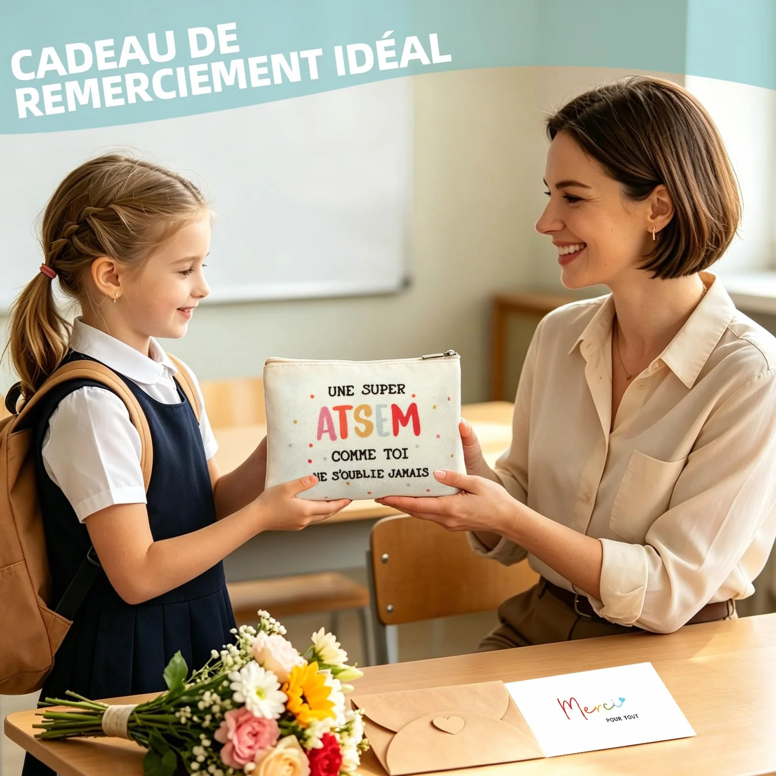 Sac en toile imprimé français pour enseignants, carte de remerciement, Journée des enseignants