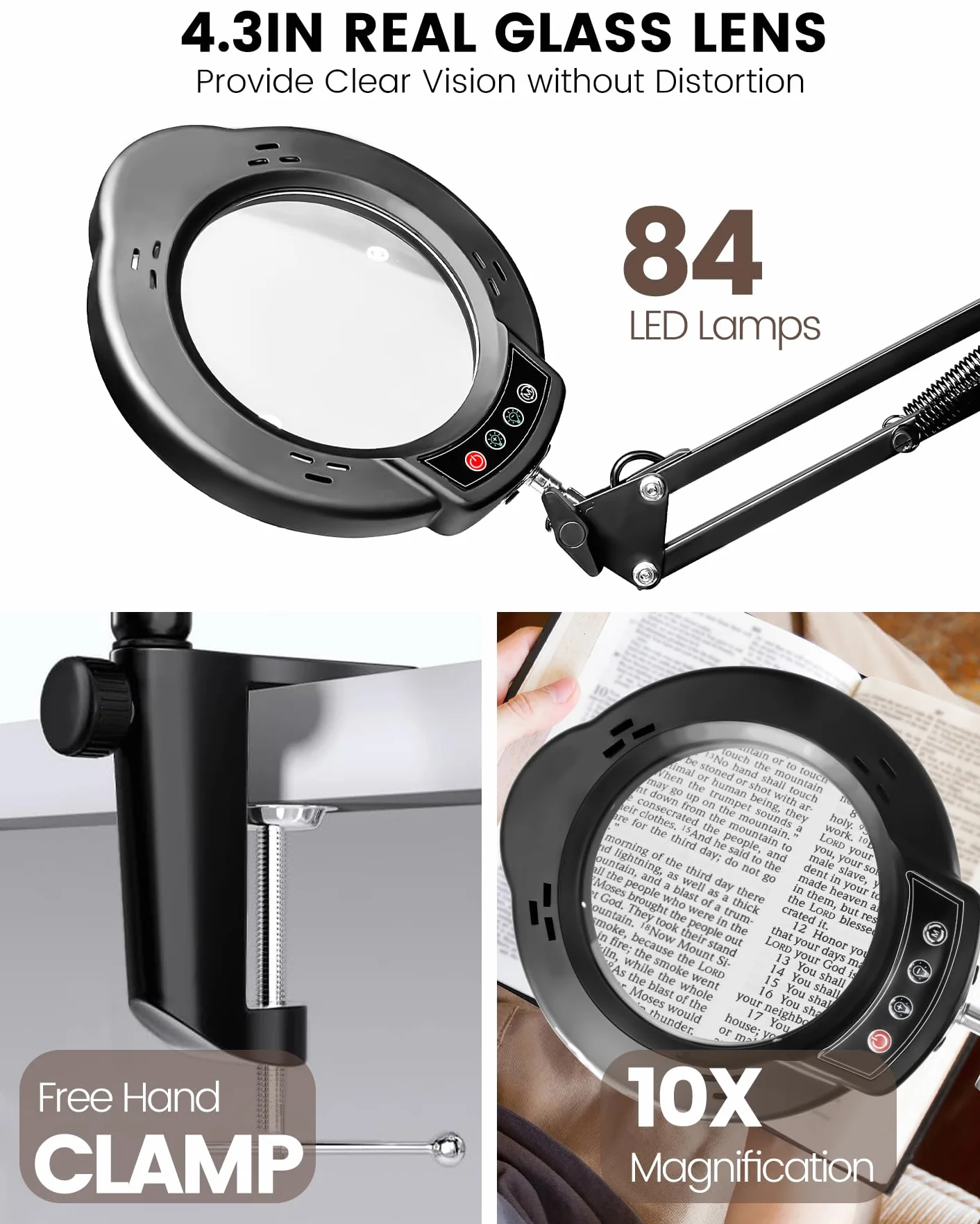 TANYO Lampe Loupe sur Pied 84 LED 5 Températures Couleur 10 Niveaux Luminosité pour Lecture Bijoux Travaux Manuel