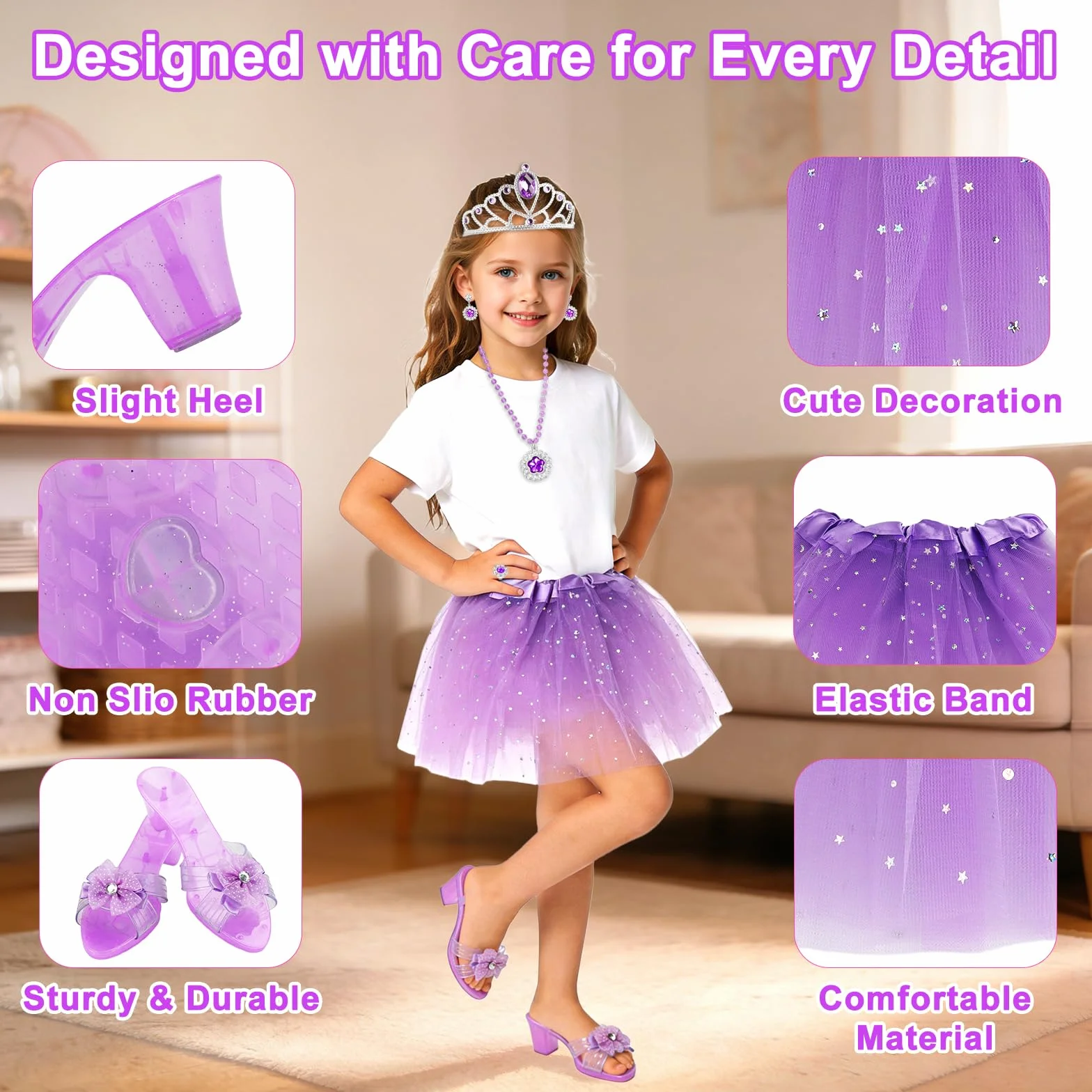 Fille Robe Princesse avec 3 Paires Chaussures Talon Enfant, 3 Jupes, Couronne, Collier, Cadeaux Halloween Noël