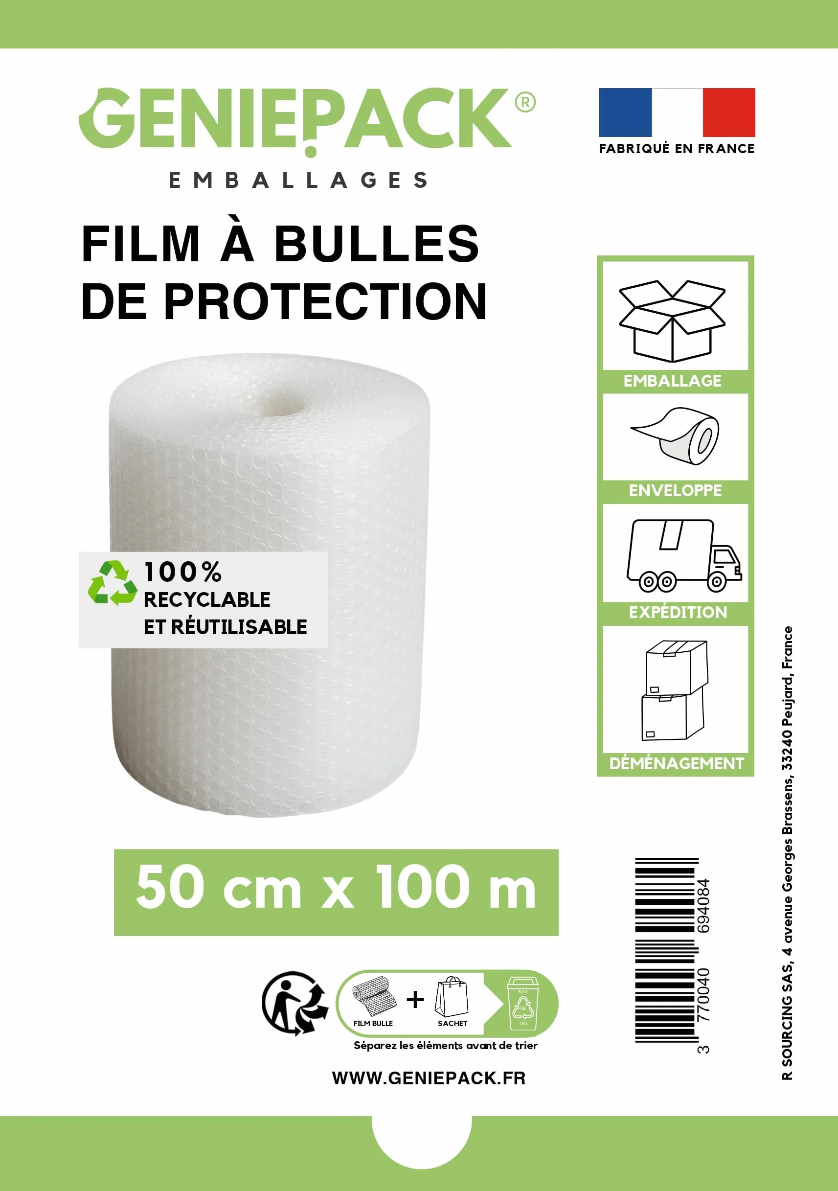Film à Bulles Professionnel 50 cm x 100 m 60 Microns Bulles 10mm Protection Emballage Colis Déménagement Antichoc