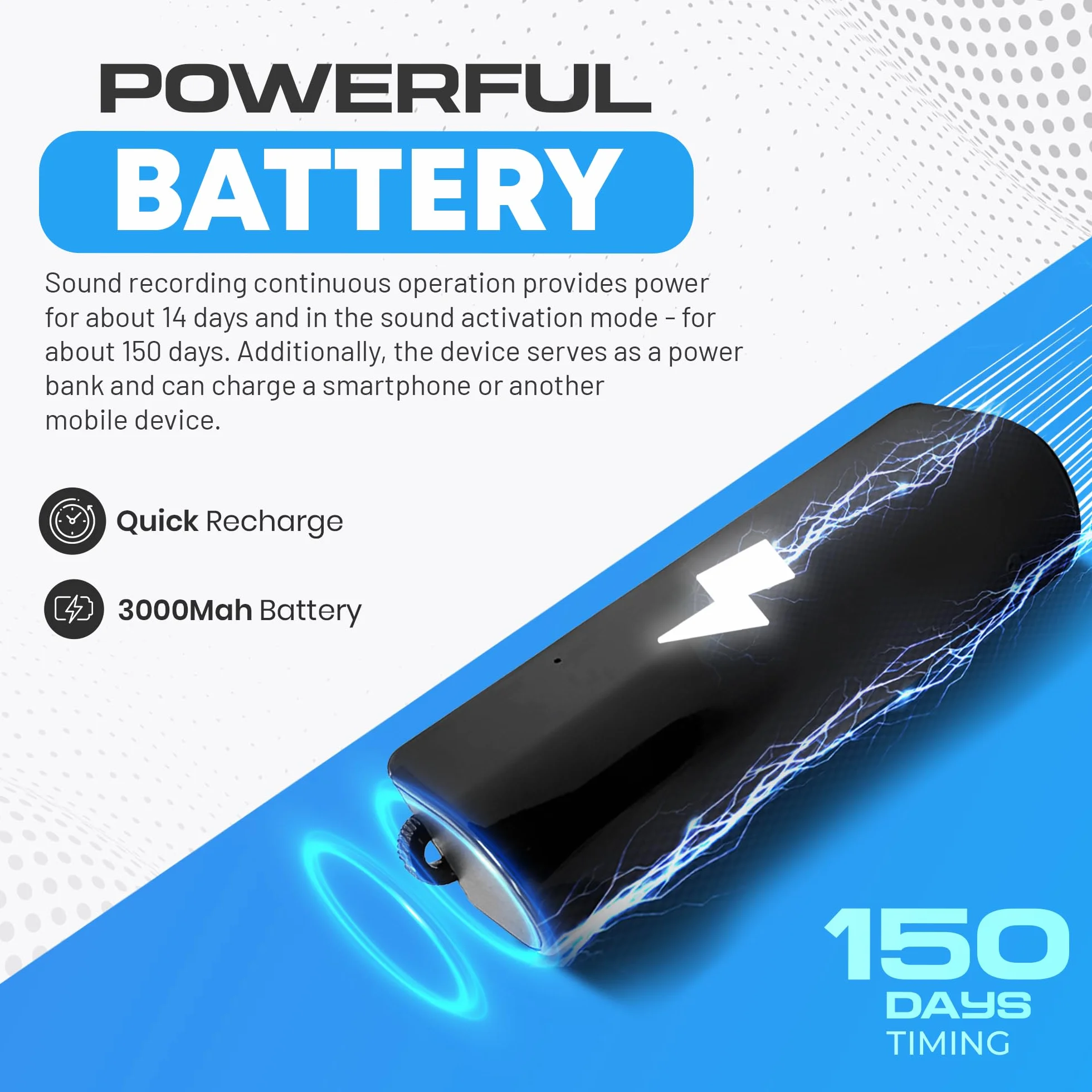 Mod Clé USB Dictaphone Power Bank 16 Go 576 heures Enregistrement Continu