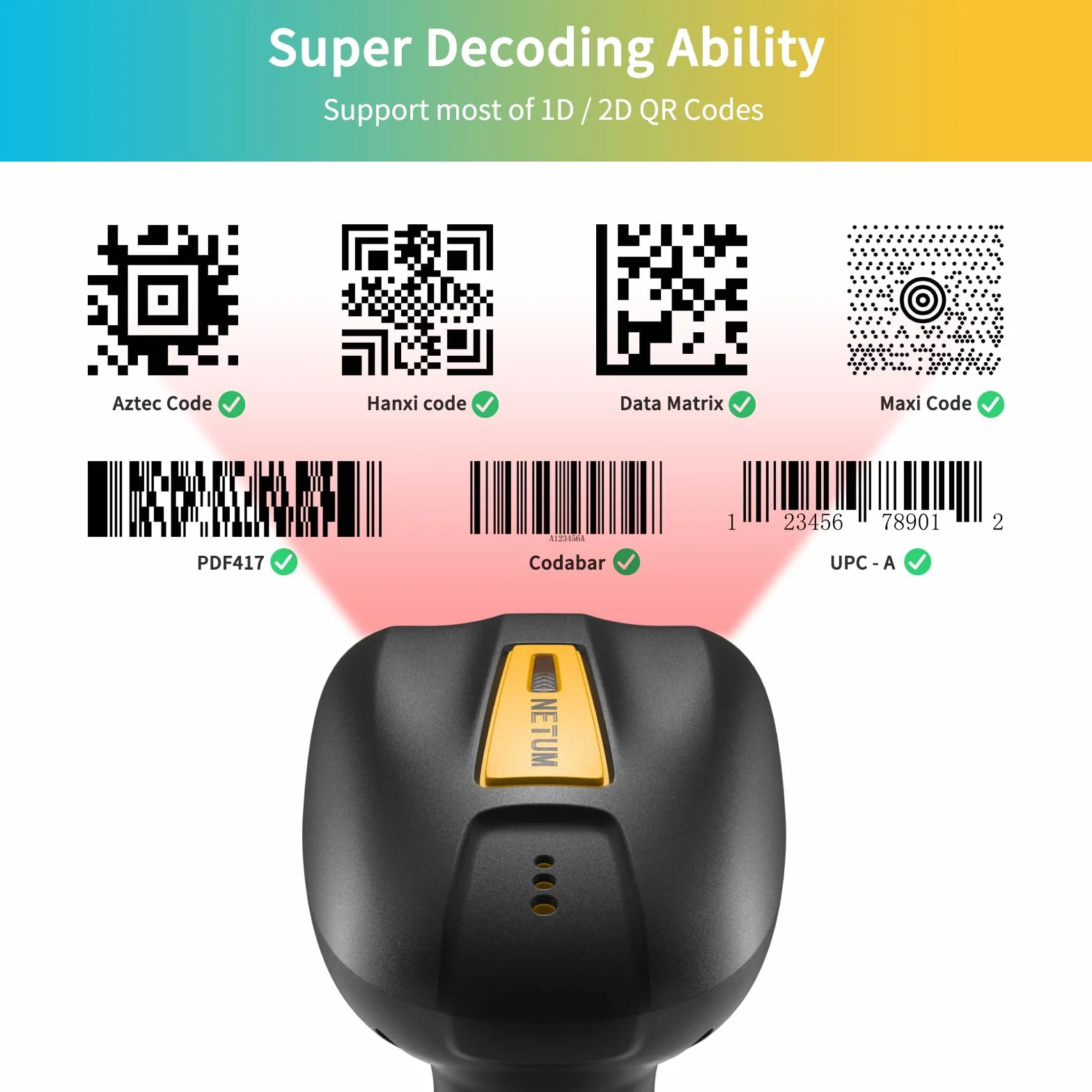 NETUM Scanner Industriel de Codes-Barres Bluetooth RD-1200 1D/2D sans Fil 2600 mAh Résistant Chocs