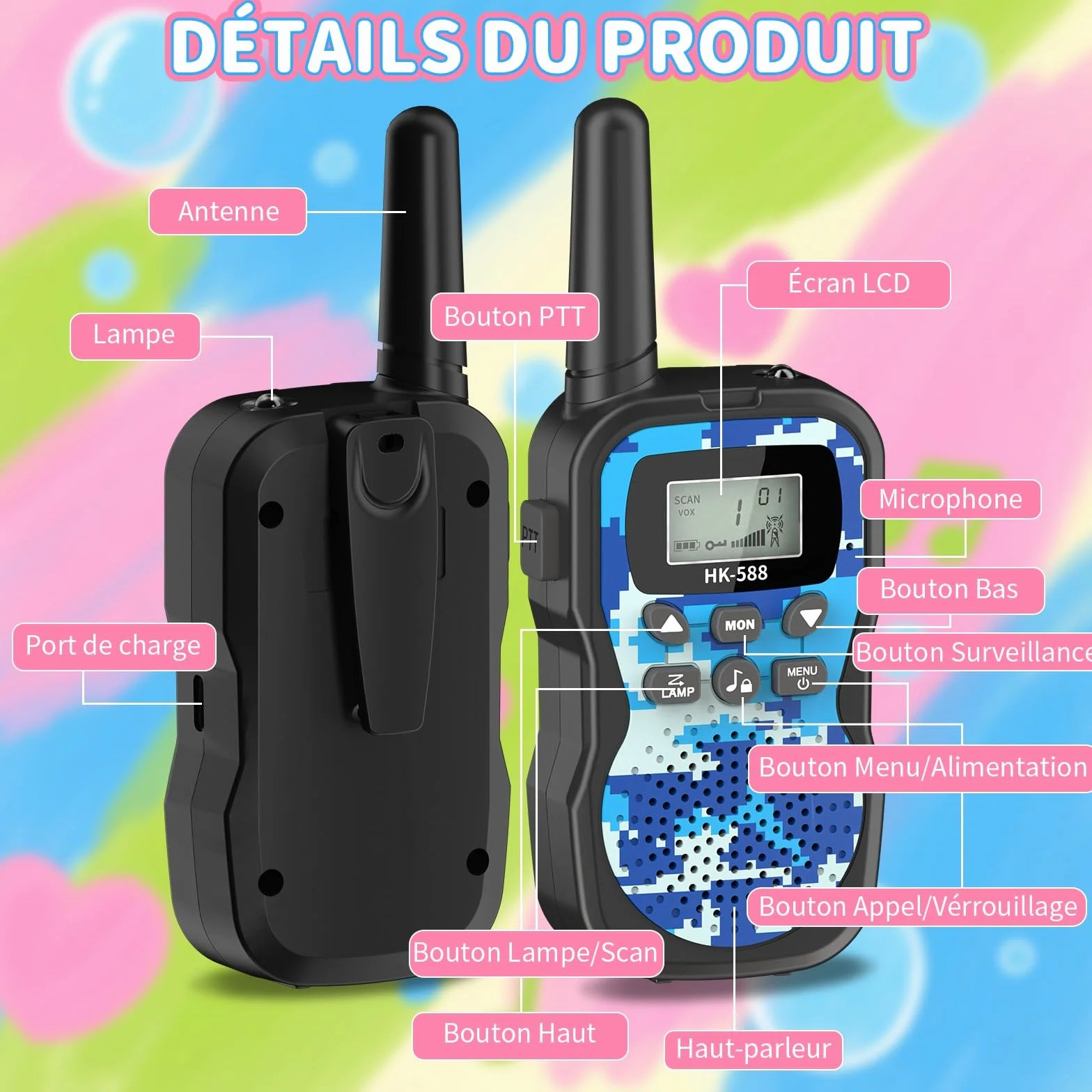 Walkie-Talkies pour Enfants Rechargeables 8 Canaux Autonomie 48h Torche Portée 3KM Camping Jeux