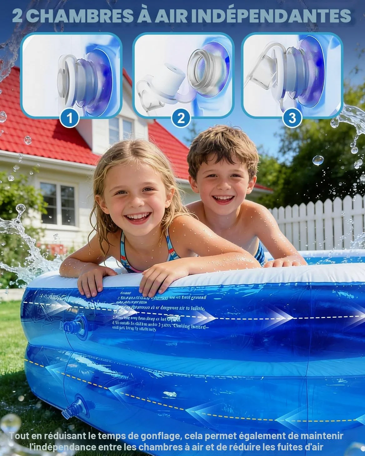 Piscine gonflable rectangulaire pour enfants et famille, grande pataugeoire de jardin, 2 chambres à air indépendantes, matériau PVC de 0,4 mm d'épaisseur, idéale pour une utilisation en été, 200 x 150