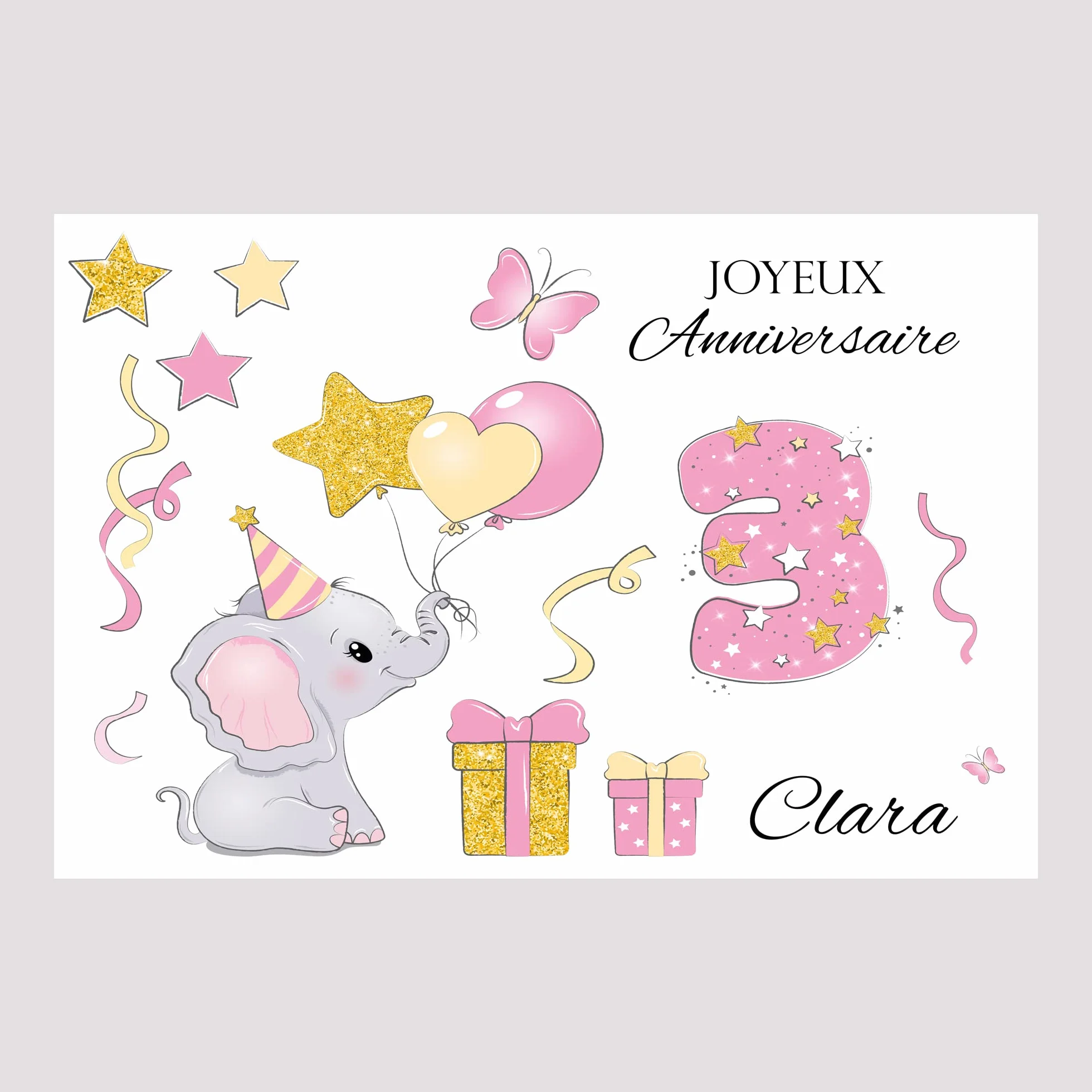 Carte joyeux anniversaire Eléphant garçon fille 1-3 ans personnaliser prénom âge papier glacé enveloppe