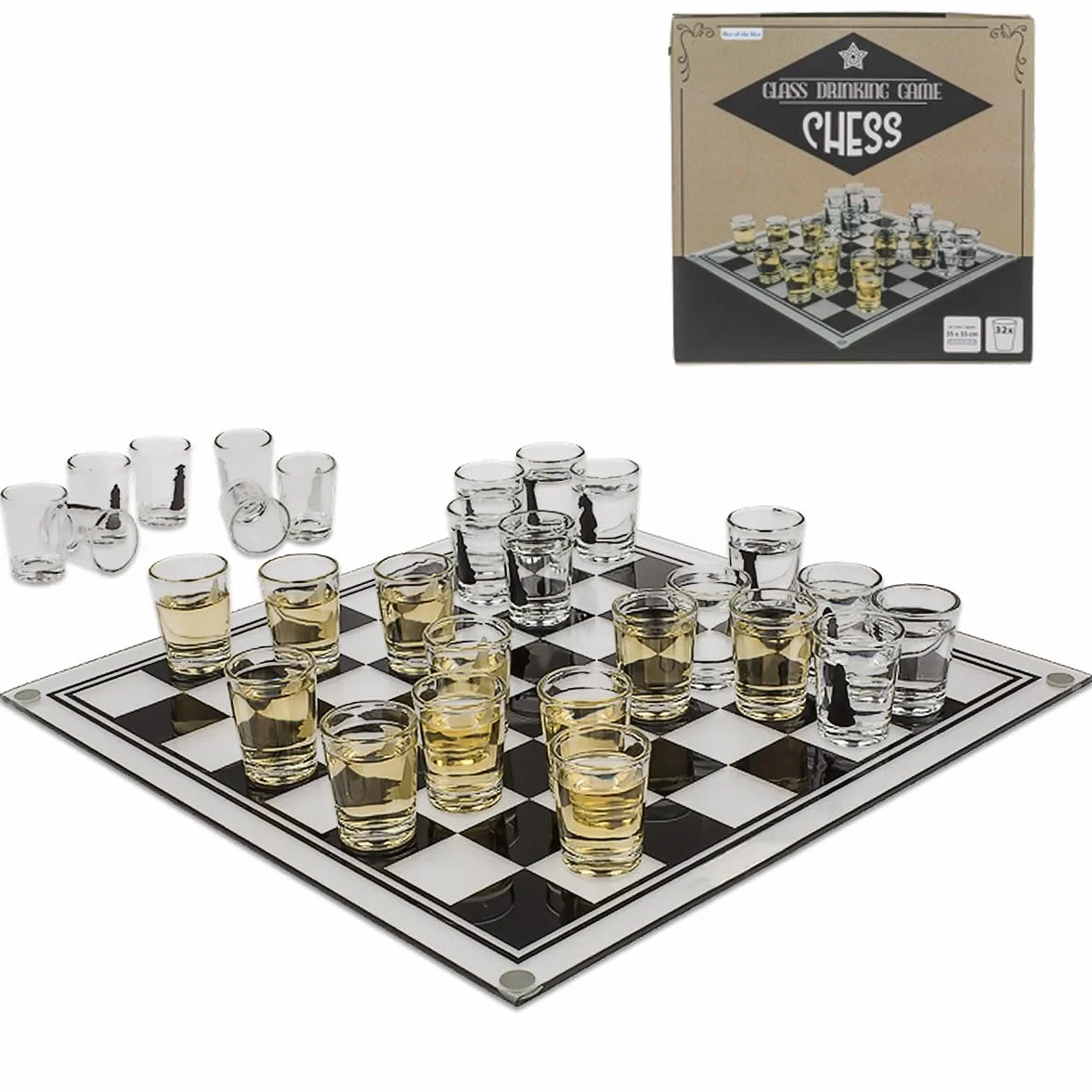 Jeu d'échecs 35 x 35 cm Verres Boîte Cadeau