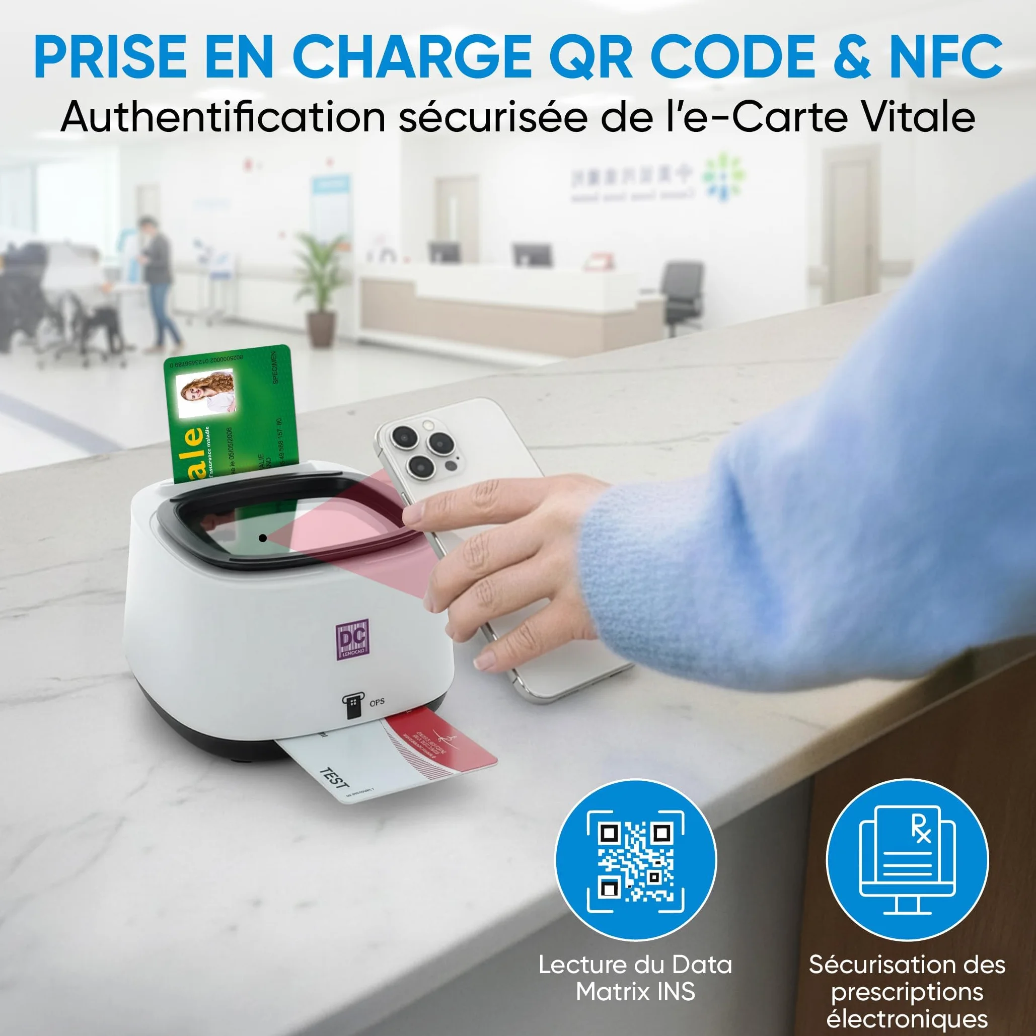 DC300 Pro Lecteur 4 en 1 QRCODE NFC 2 Fentes Carte Vitale et CPS Sesam Vitale USB Windows