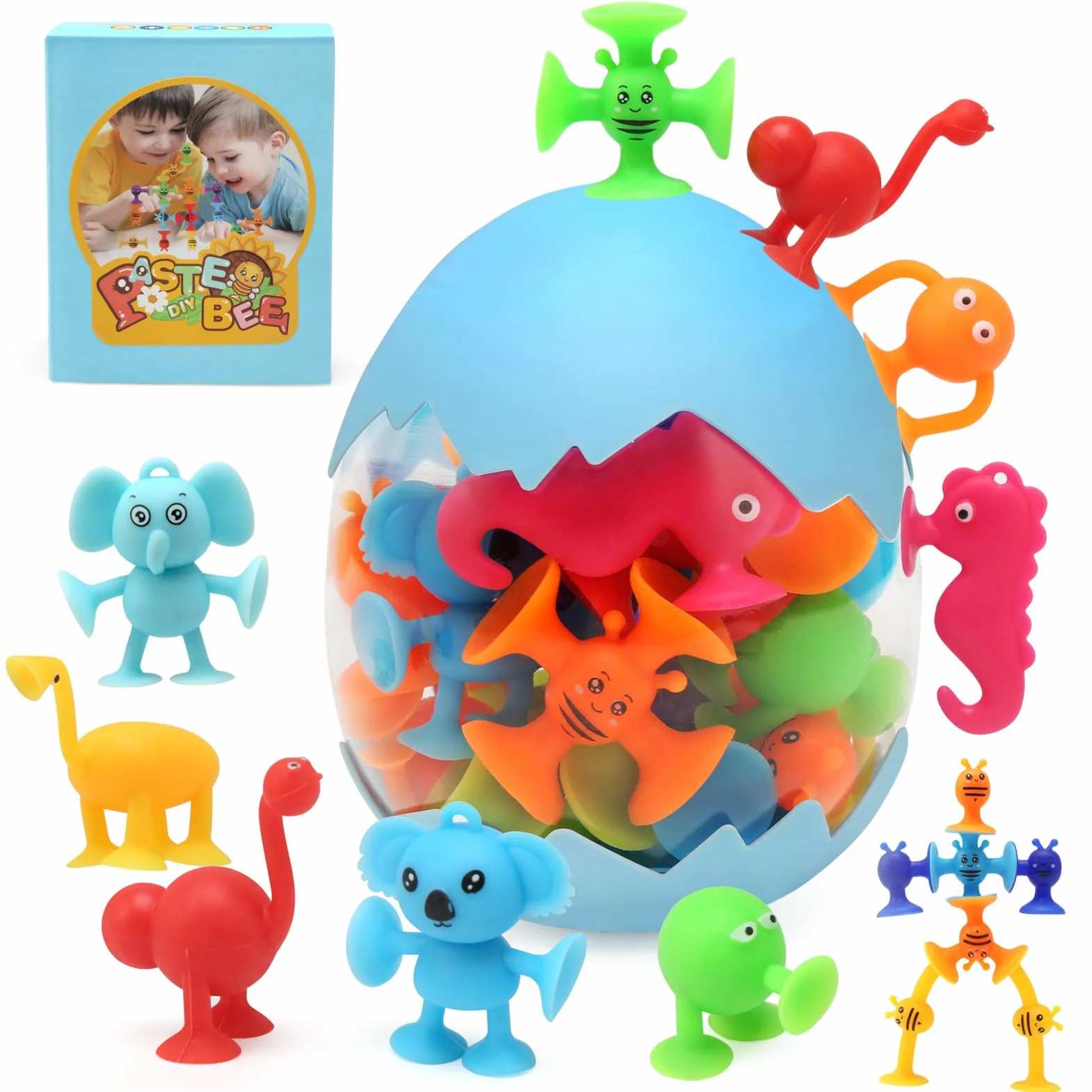 Jouets à Ventouse Silicone 26 Pièces Jouets de Bain Animaux Sensoriels Interactifs pour Enfants 3-7 Ans Garçons Filles