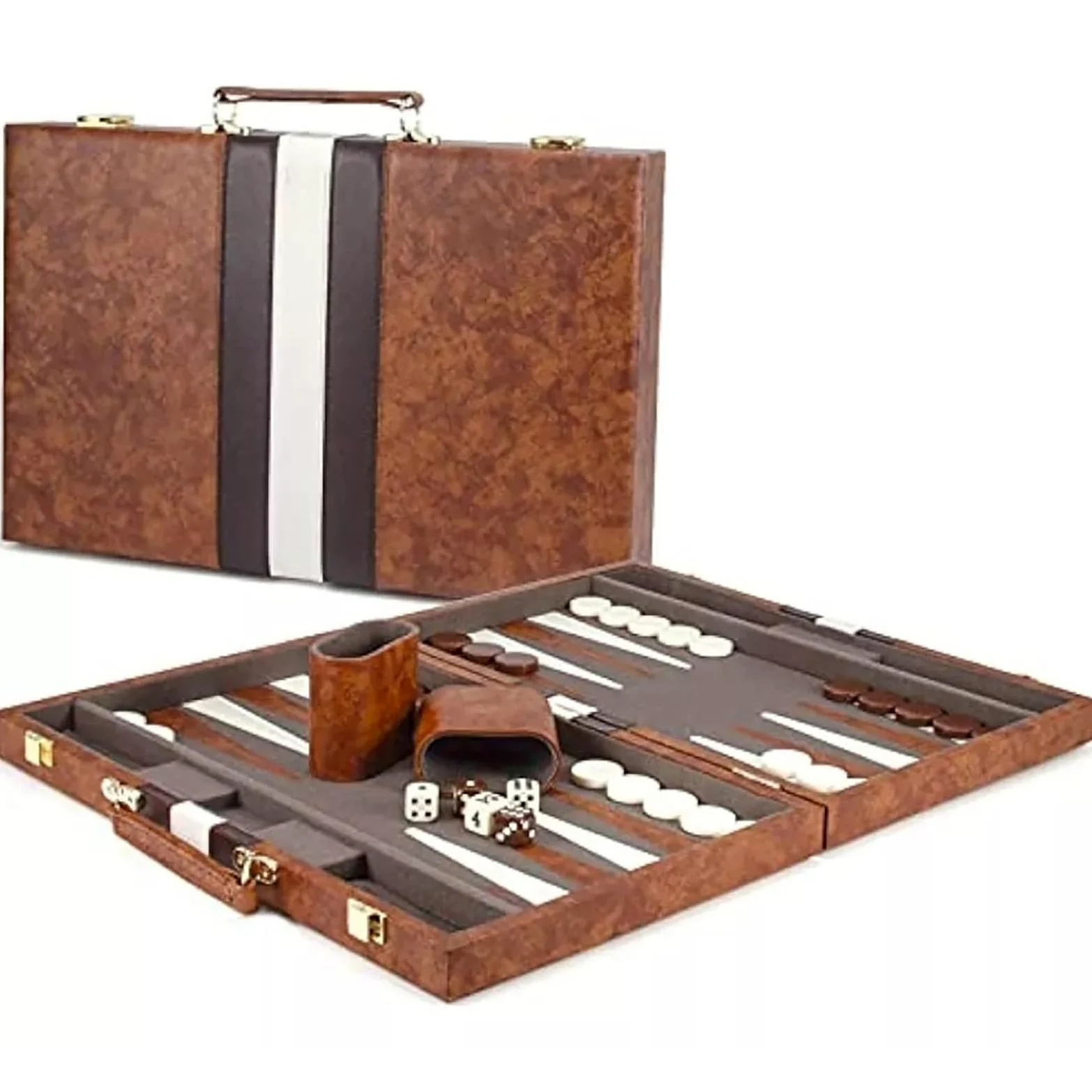 Jeu de backgammon 28 cm avec étui en cuir, intérieur en feutre, jeu portable | Planche pliante classique, design de voyage, surface de jeu durable, emballage prêt à offrir, MDF avec placage en bois