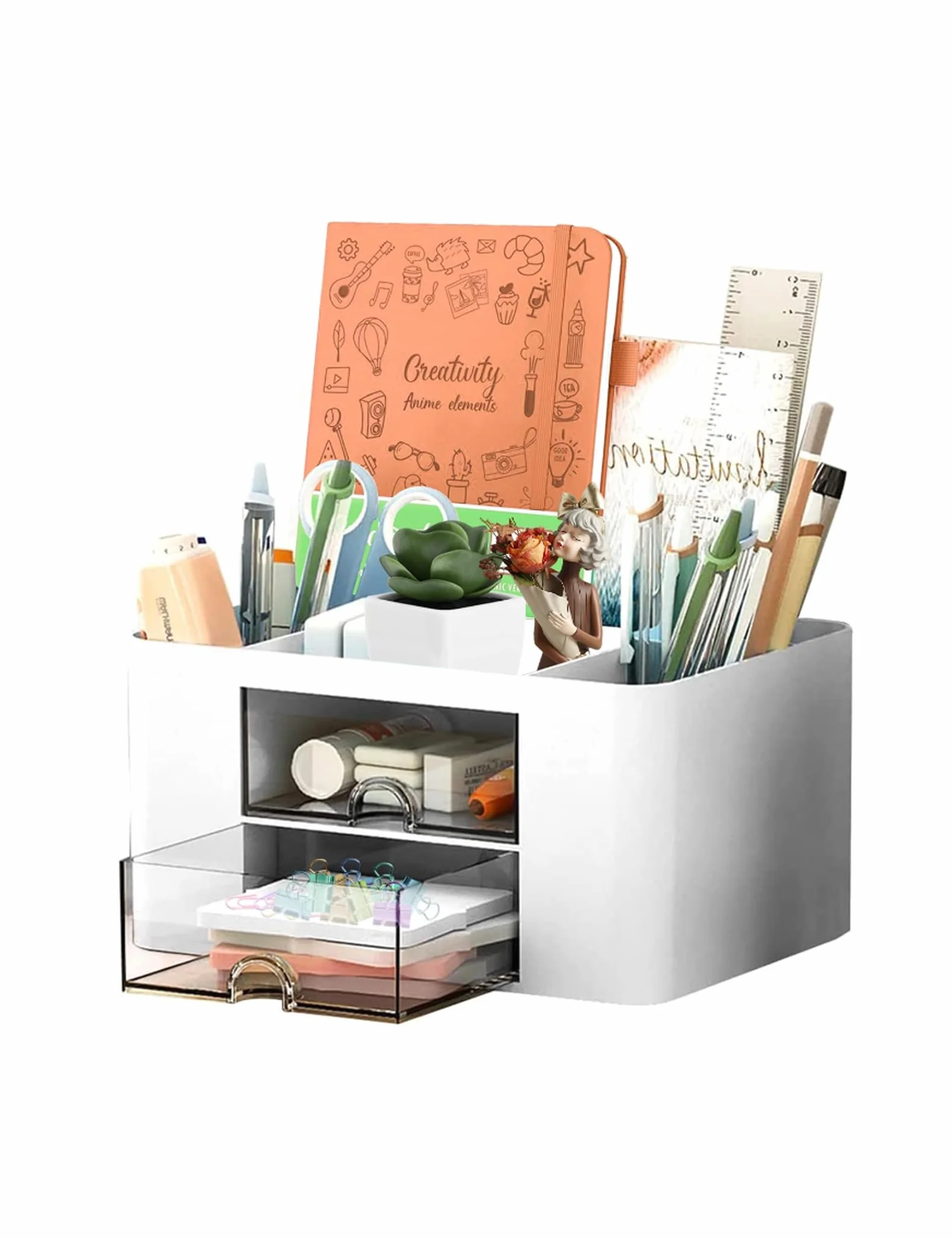 Skran Organiseur Bureau 7 Compartiments Rangement Multifonctionnel Pot à Stylo Avec Tiroir Blanc