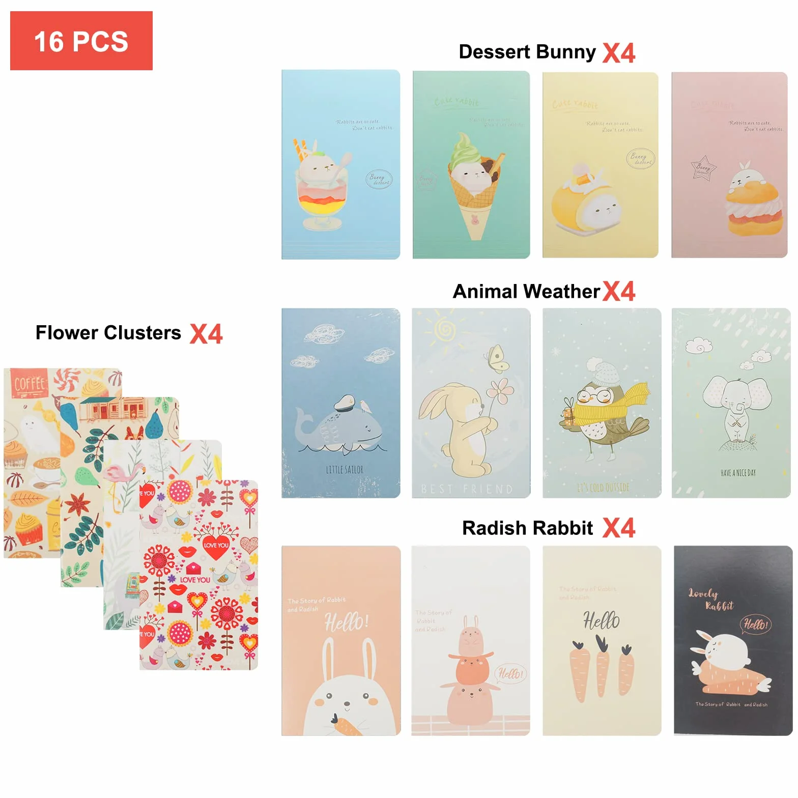 Bloc Note A7 10,5 x 7 cm Carnet de Poche 16 Pièces Couverture Colorée Animaux Dessins Animés
