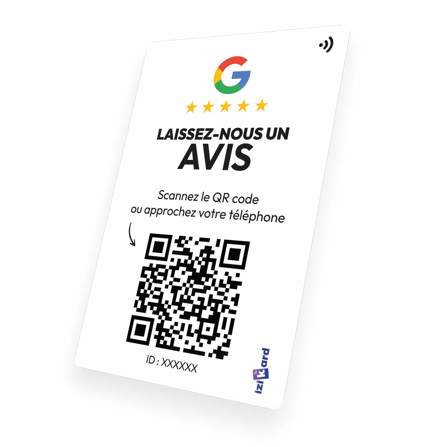 Carte NFC avis Google QR Code puce NFC collecter avis clients format carte rigide personnalisée Izikard