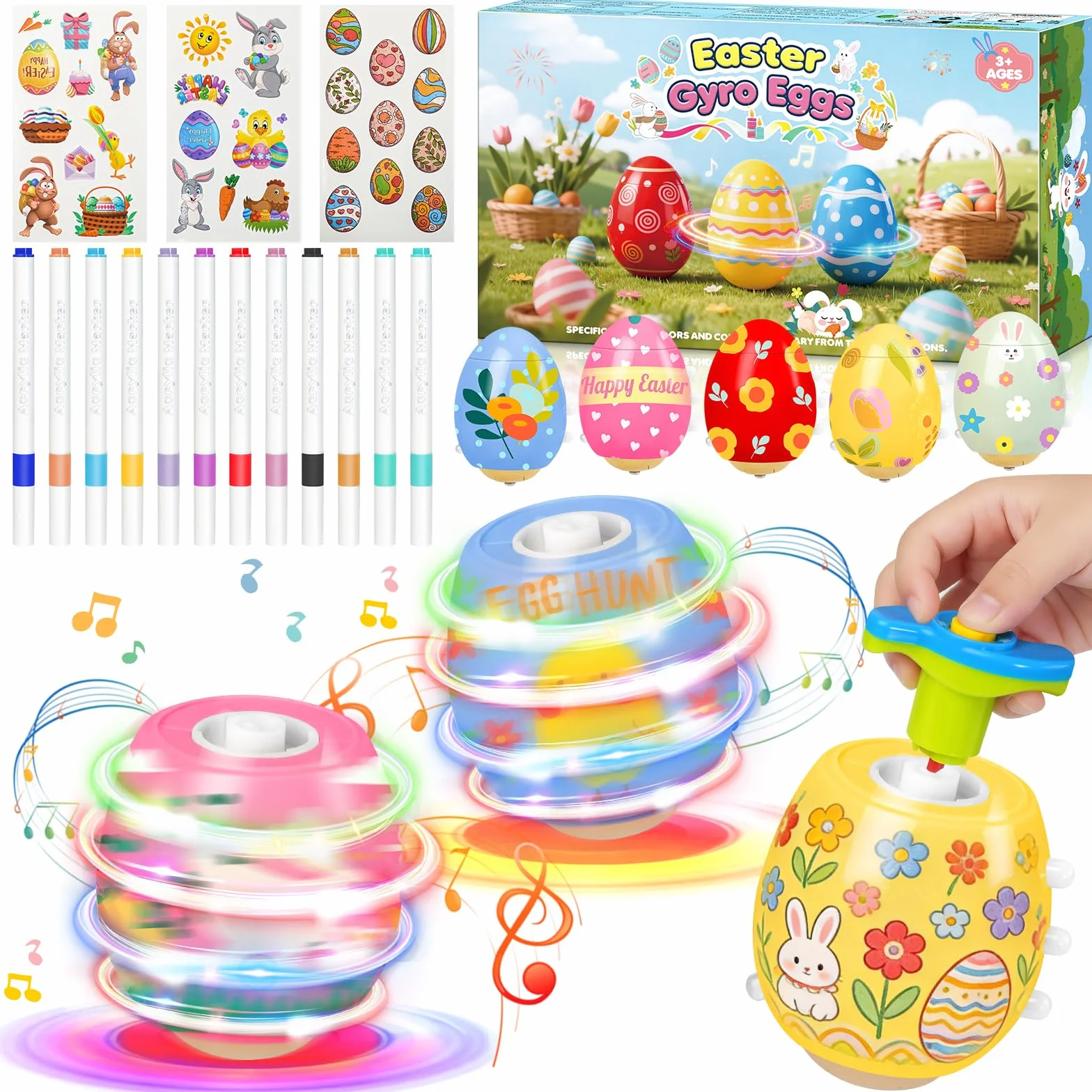 Toupies à Œufs de Pâques Jouets avec Lumières et Musique, 5 Oeufs Spinning, Cadeau Pâques Enfant 3-10 Ans