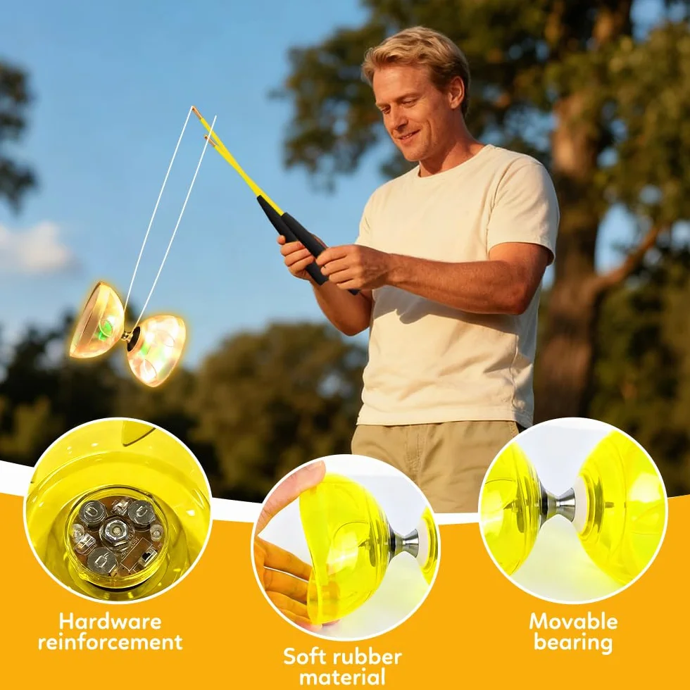 Diabolo LED roulement à billes 4,5 mm kit jonglage baguettes outil cirque roue libre jaune