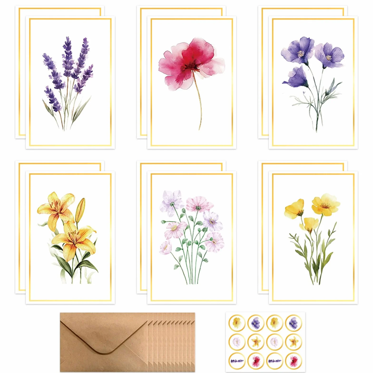 Cartes Voeux d'Anniversaire Fleuri avec Enveloppe Lot de 12