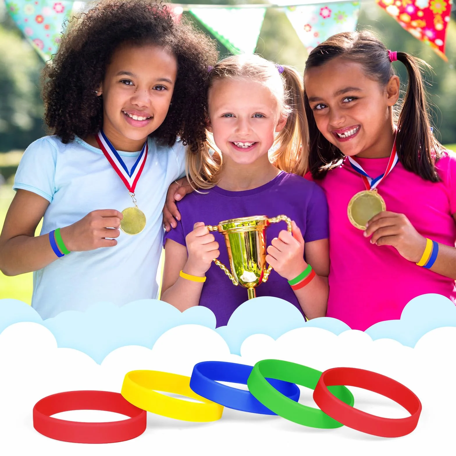 Bracelet en silicone pour enfants lot de 100 17,8 cm vert 4 couleurs 8-12 ans