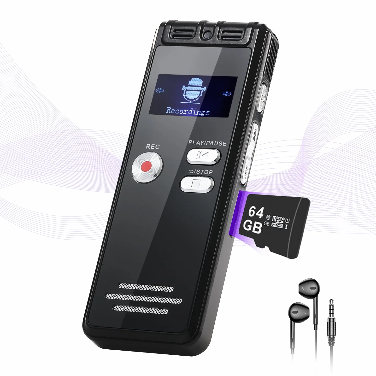 Enregistreur Vocal 64 Go 1536 Kbps avec Réduction du Bruit pour Interviews Classes Réunions