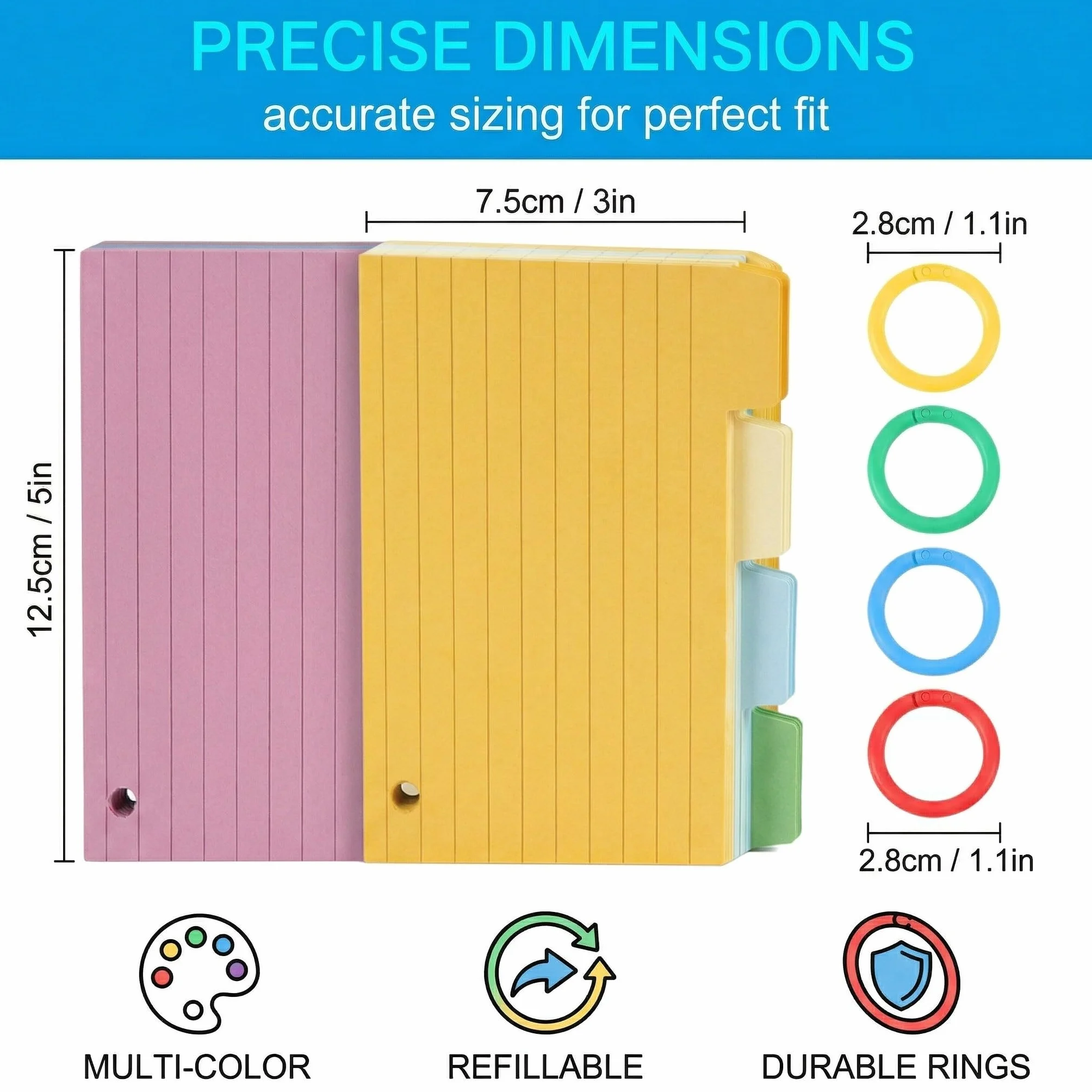 Blocs de Fiches Bristol de Révision 200 Pcs avec 10 Anneaux Colorés Flashcards Lignées pour Étude et Bureau