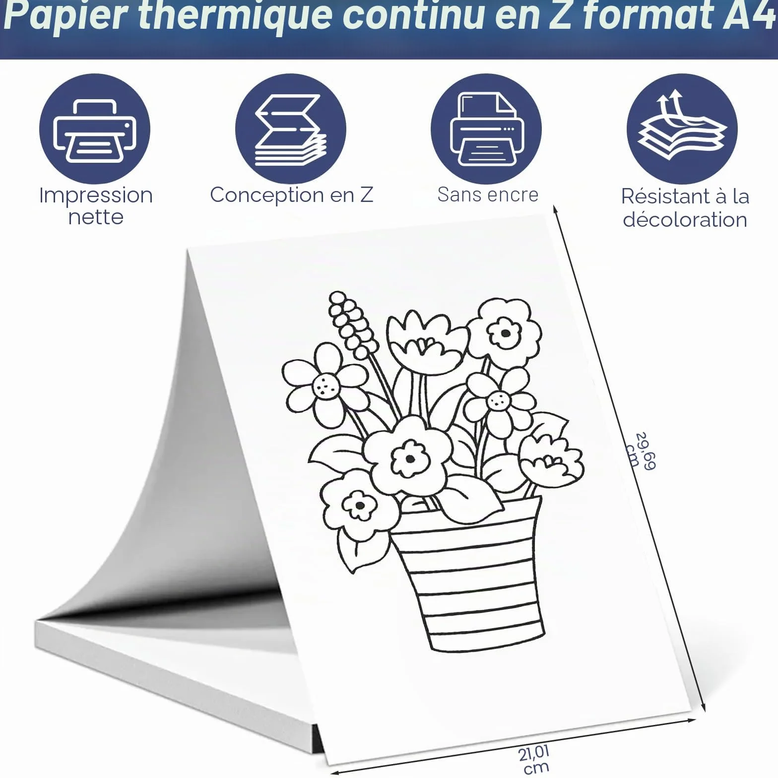 Papier Thermique A4 Pliable 200 Feuilles, Sans BPA, Séchage Rapide, Compatible Imprimantes Thermiques A4 pour Fichiers, Photos, Notes