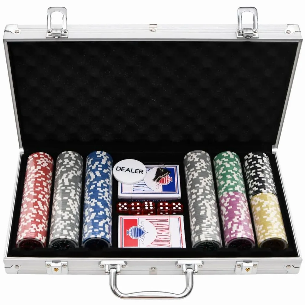 Jeu de jetons de poker dans une mallette en aluminium, 300 jetons de 11,5 g, 2 decks, 5 dés, bouton dealer et accessoires pour casino, tournoi, Texas Holdem, Blackjack et soirée de poker