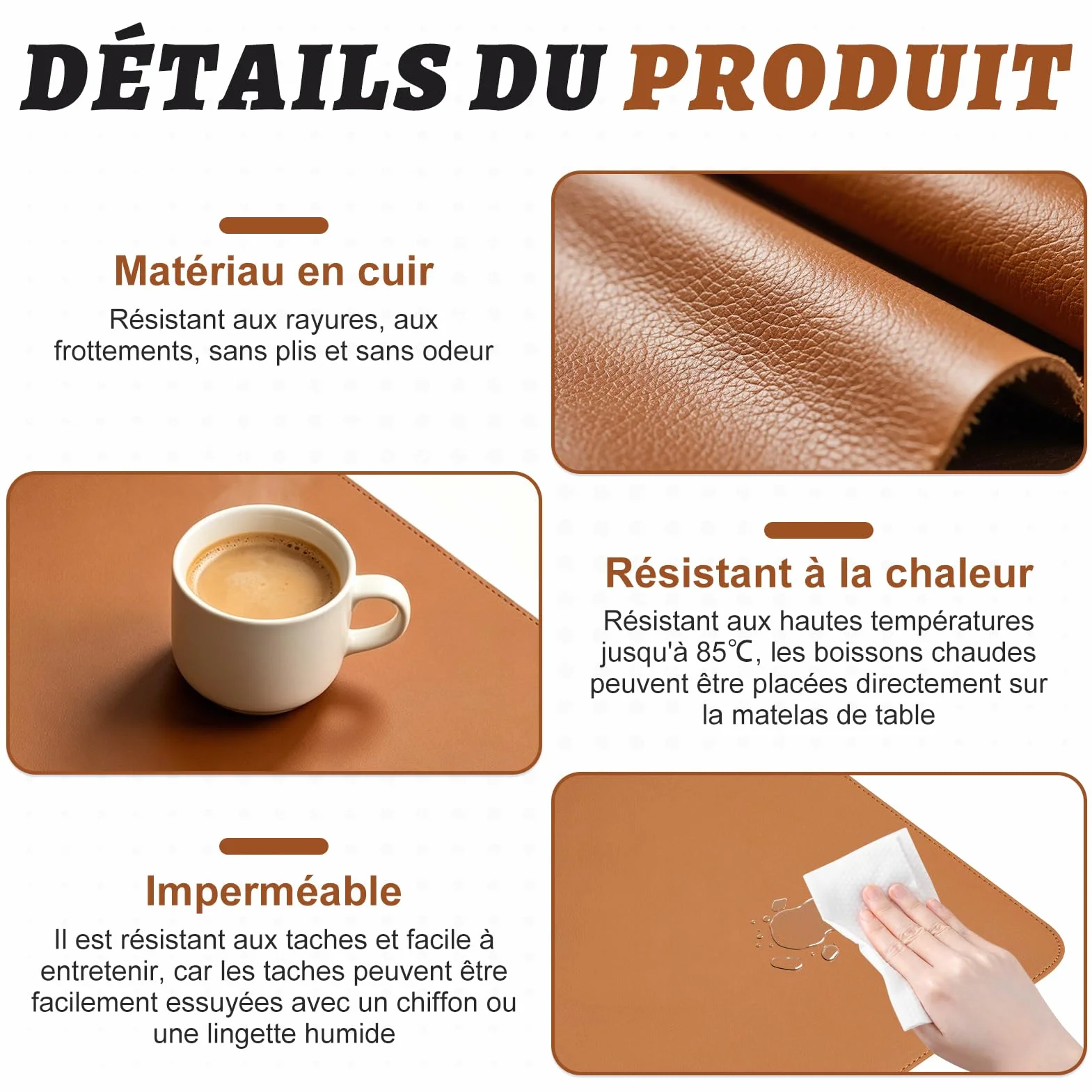 Tapis de Bureau Cuir PU Marron 90x40cm XXL – Sous-Main Antidérapant Imperméable, Protection Bureau