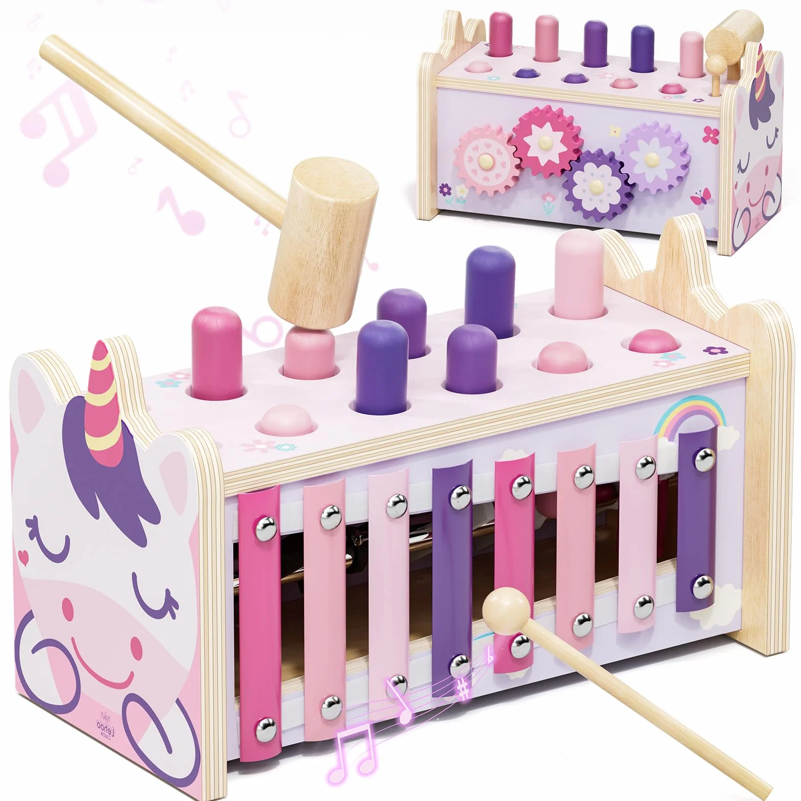Jouets Montessori 1 An Bébés Jouet en Bois avec Xylophone et Marteaux Filles Jouets d'Éveil Motricité Cadeaux Éducatifs 1-3 Ans