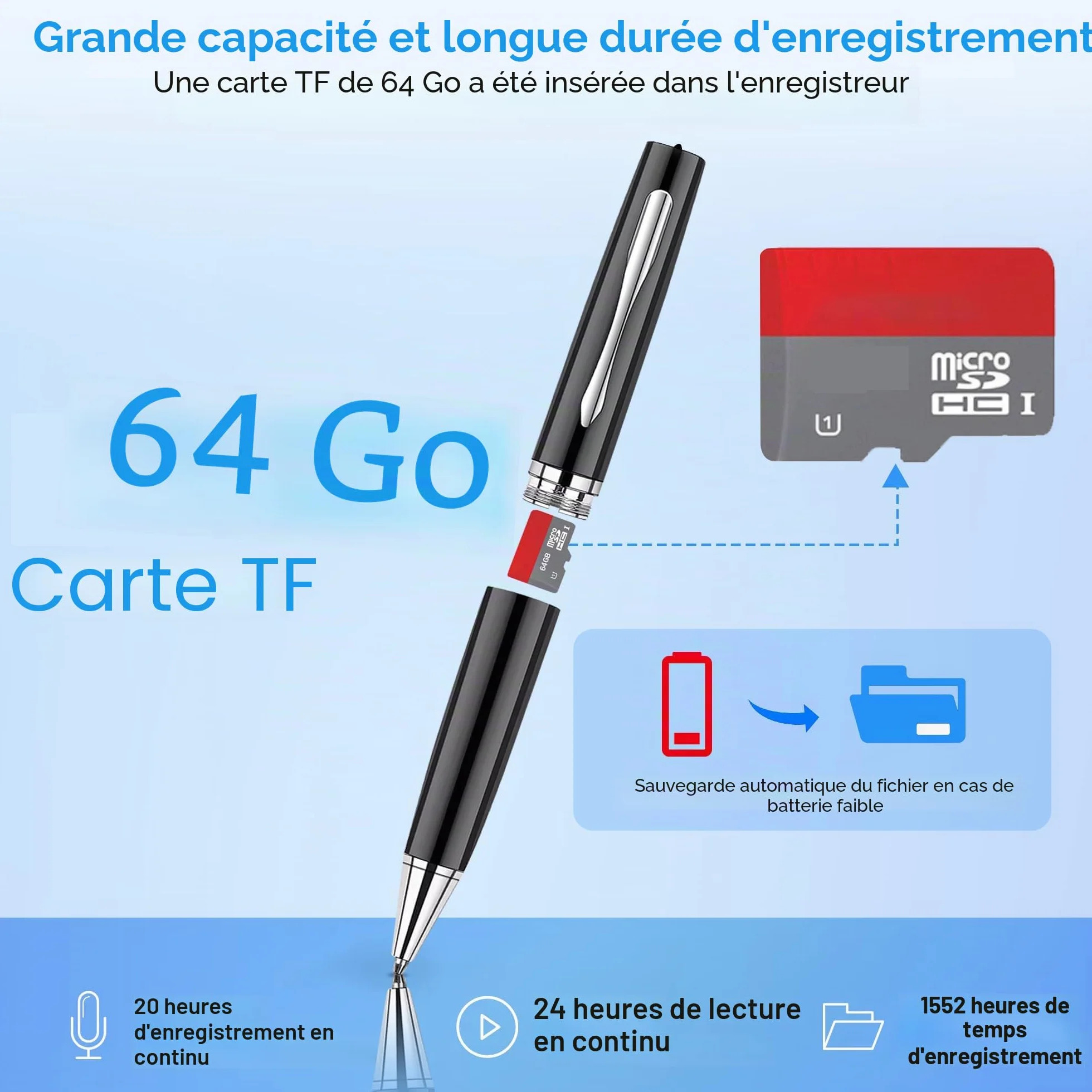 Enregistreur Vocal Numérique AI 64G avec Réduction du Bruit, Lecteur MP3 Intelligent pour Réunion, Cours, Conférences