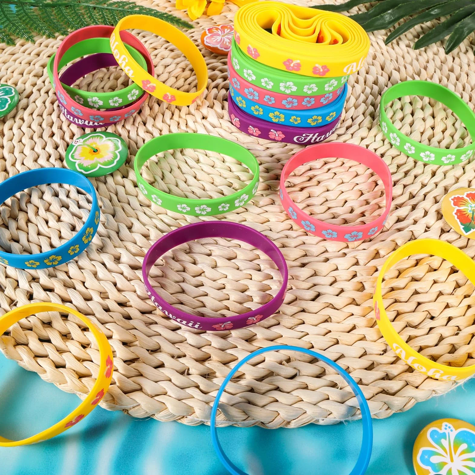 HOWAF 35pcs Bracelets Fleur Hibiscus Silicone Hawaienne Enfant Adultes Deco Plage Anniversaire Tropical Pool Party