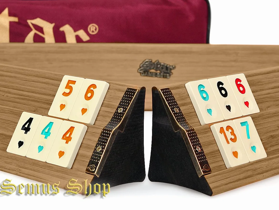Kit de jeu Okey/Rummy de qualité supérieure - Bois massif - Pions en mélamine - Sac de transport rembourré - 104 pierres + 2 jokers + dés (clair)